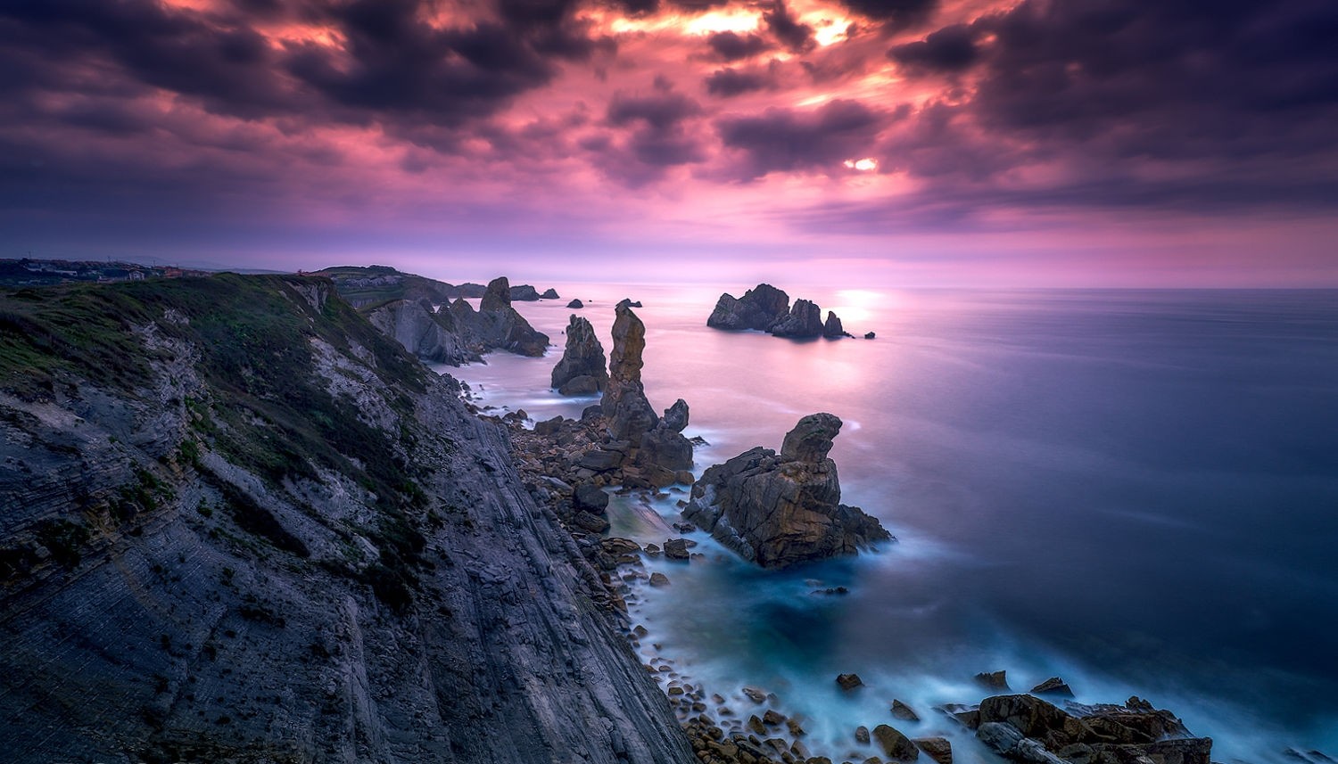 General 1500x857 photography landscape nature coast rocks sunset sea clouds pink sky Spain