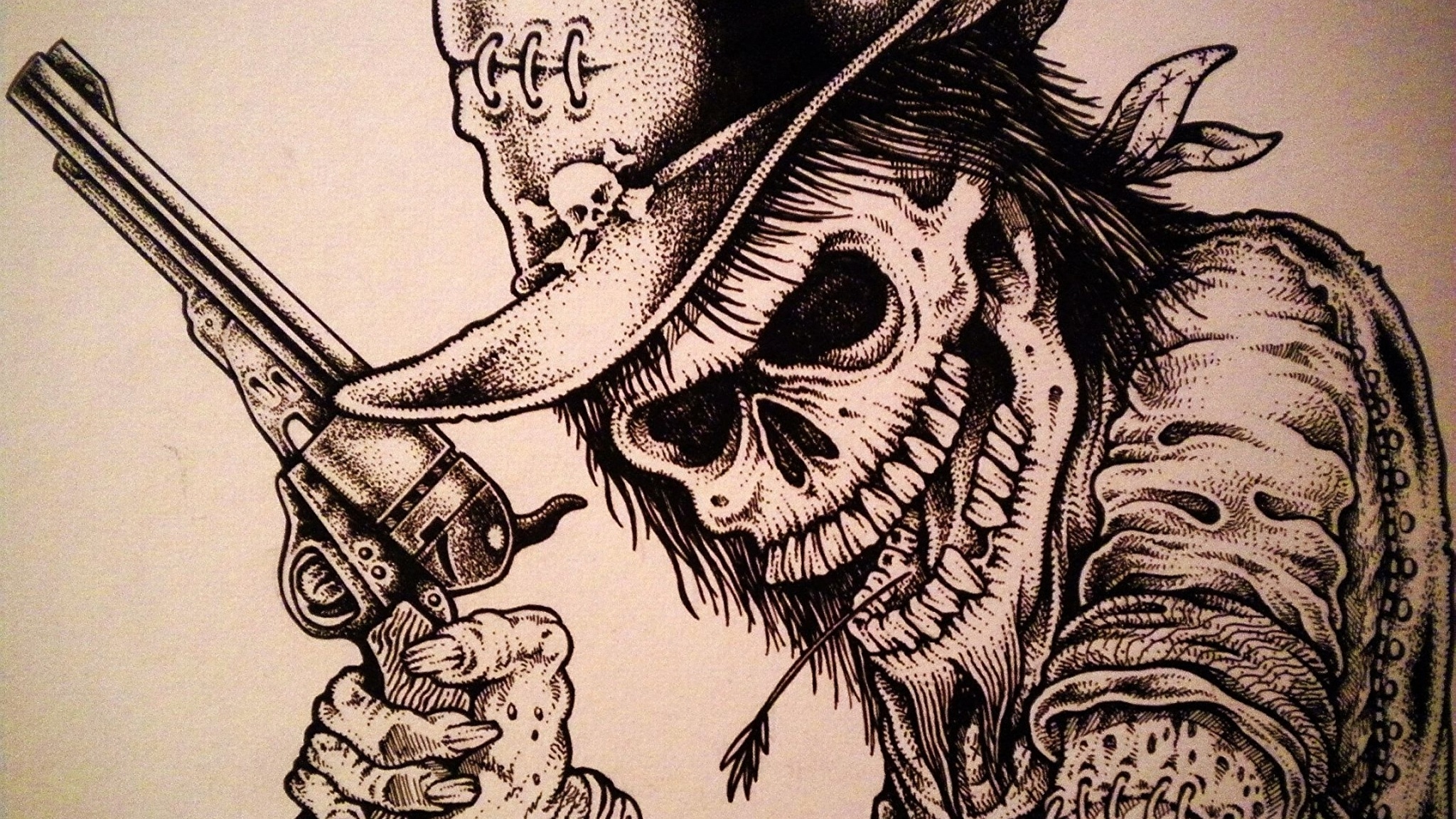 General 2048x1152 skull cowboy hats revolver artwork digital art closeup