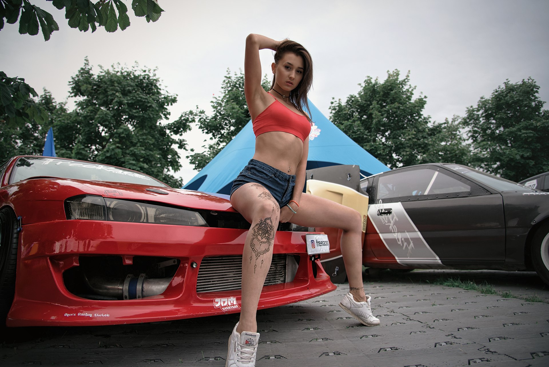 People 1920x1282 women tanned jean shorts red tops tattoo car women outdoors sneakers sitting pierced navel armpits belly Inna Kuznetsova women with cars Nissan Silvia S14 Japanese cars