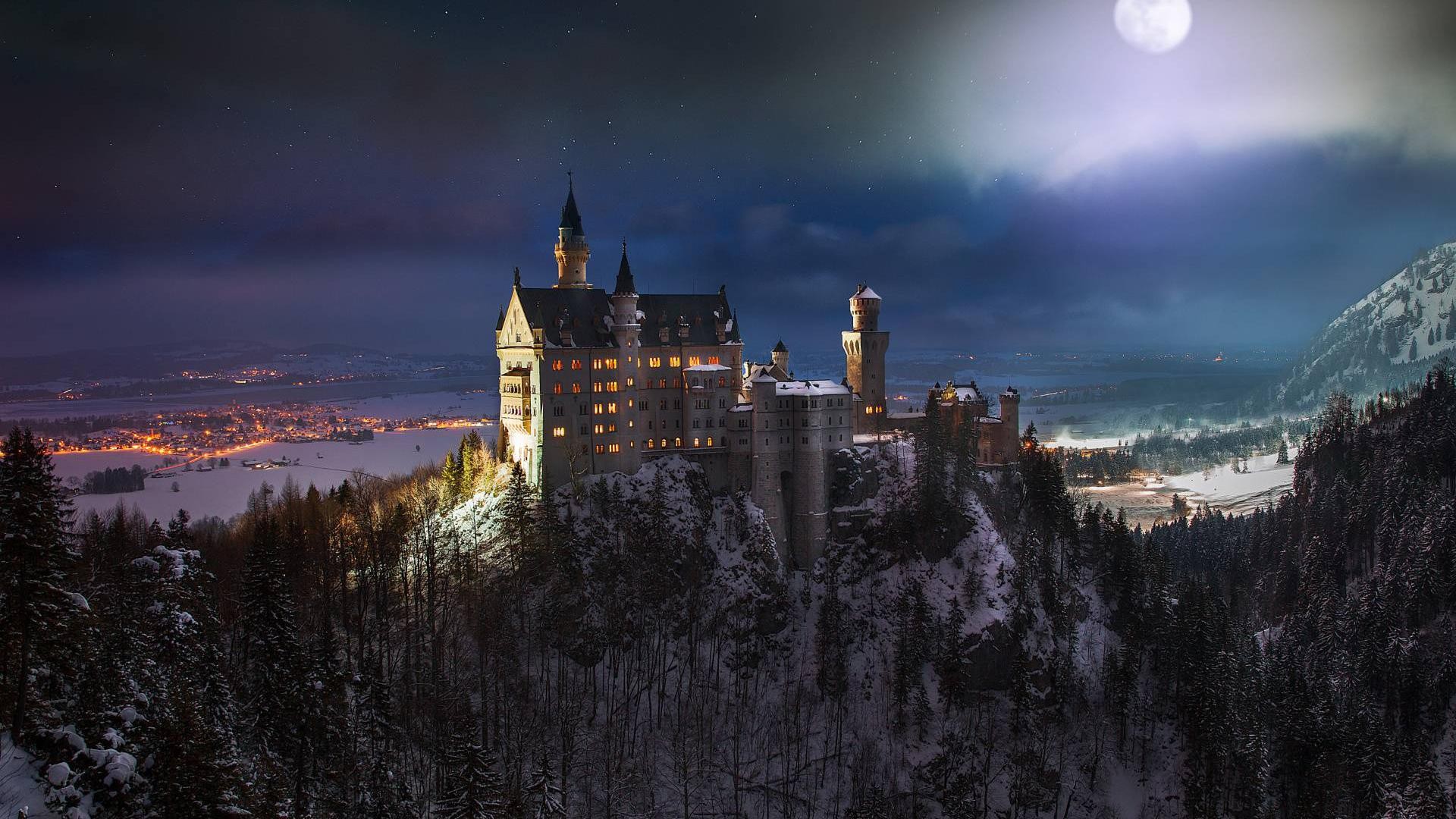 General 1920x1080 Neuschwanstein Castle castle Germany night Moon landscape snow forest trees Bavaria