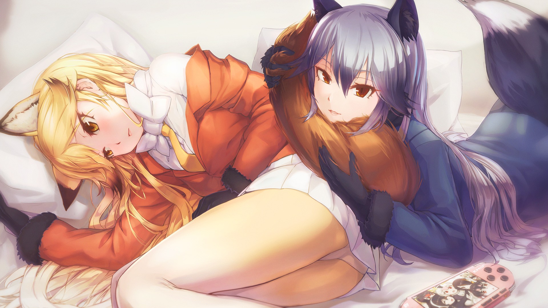 Anime 1920x1080 Kemono Friends Red fox (Kemono friends) Silver fox (Kemono friends) fox girl animal ears tail bed gloves panties lying on side lying on front
