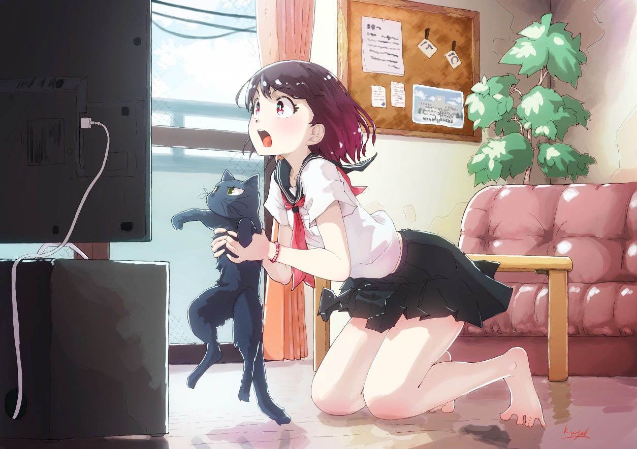 Anime 1254x885 anime girls anime cats school uniform kneeling barefoot Kagawa Yuusaku