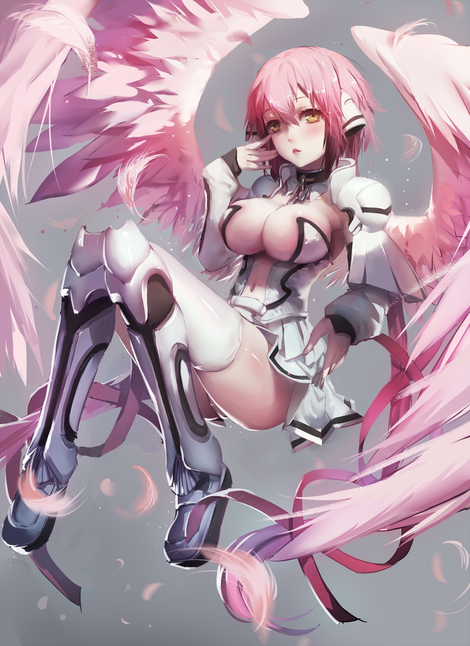 Anime 1532x2104 Sora no Otoshimono anime girls Ikaros female warrior cyborg thigh high boots the gap cleavage white skirt long sleeves angel wings feathers simple background fantasy armor blushing no bra white panties looking at viewer short hair pink hair yellow eyes hair in face fan art 2D parted lips ass glutes thick ass