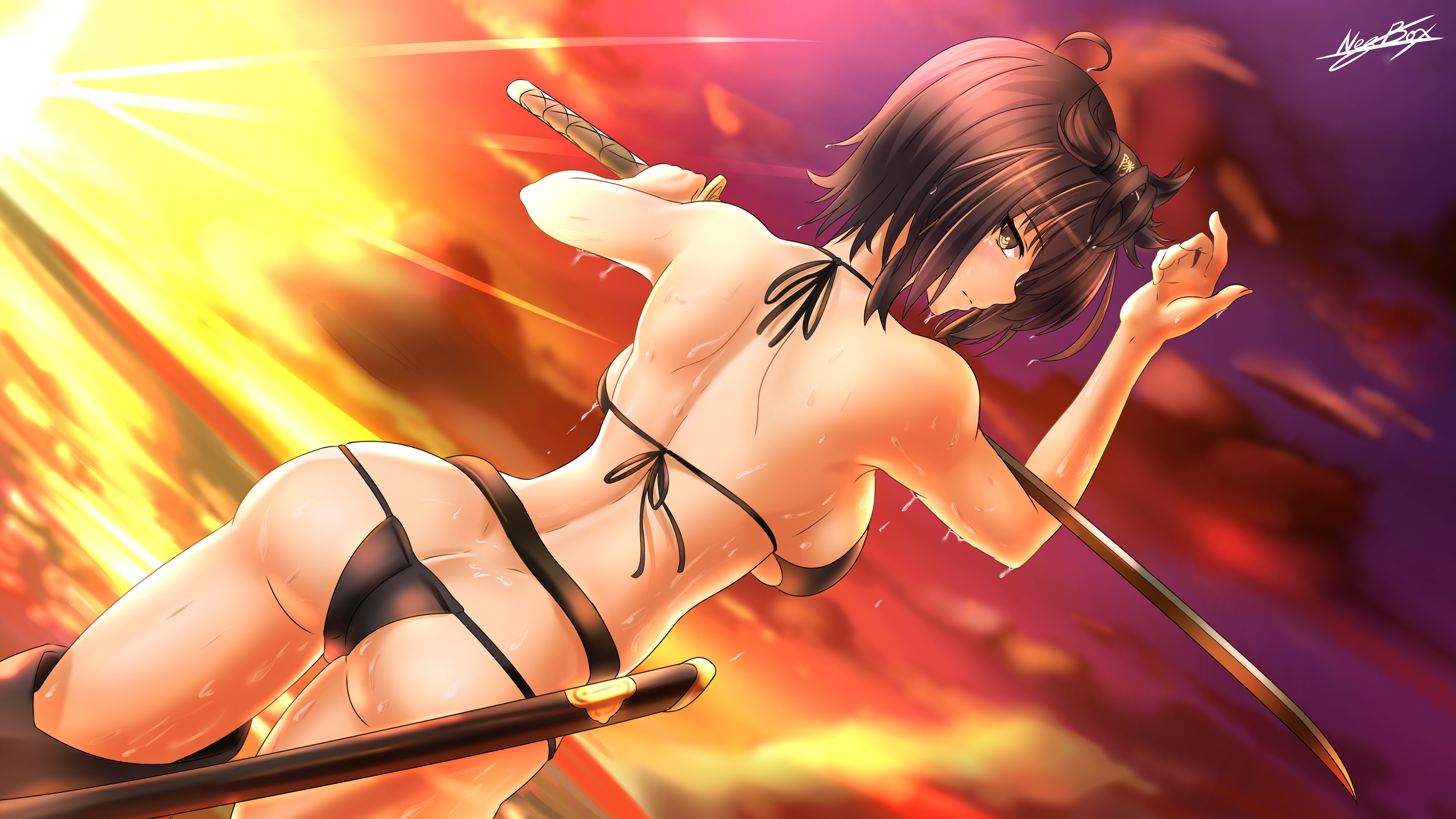 Anime 3840x2160 Hatsuzuki (KanColle) Kantai Collection sky wet body ass black panties sword short hair anime bikini sea