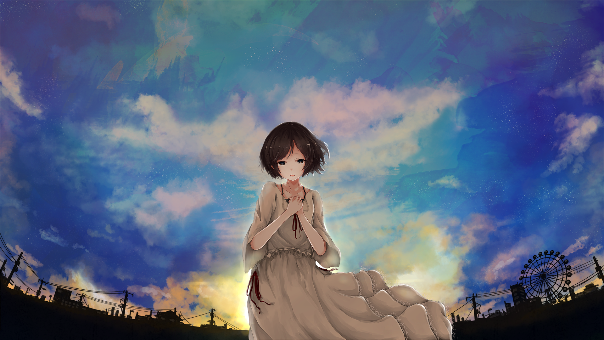 Anime 1920x1080 anime anime girls original characters brunette short hair sky clouds cityscape looking at viewer