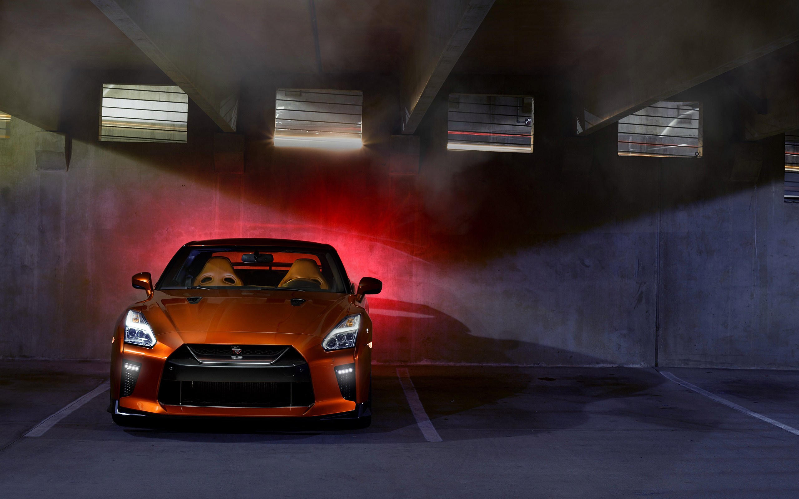 General 2560x1600 Nissan GT-R car vehicle parking lot supercars orange cars Nissan Japanese cars frontal view headlights