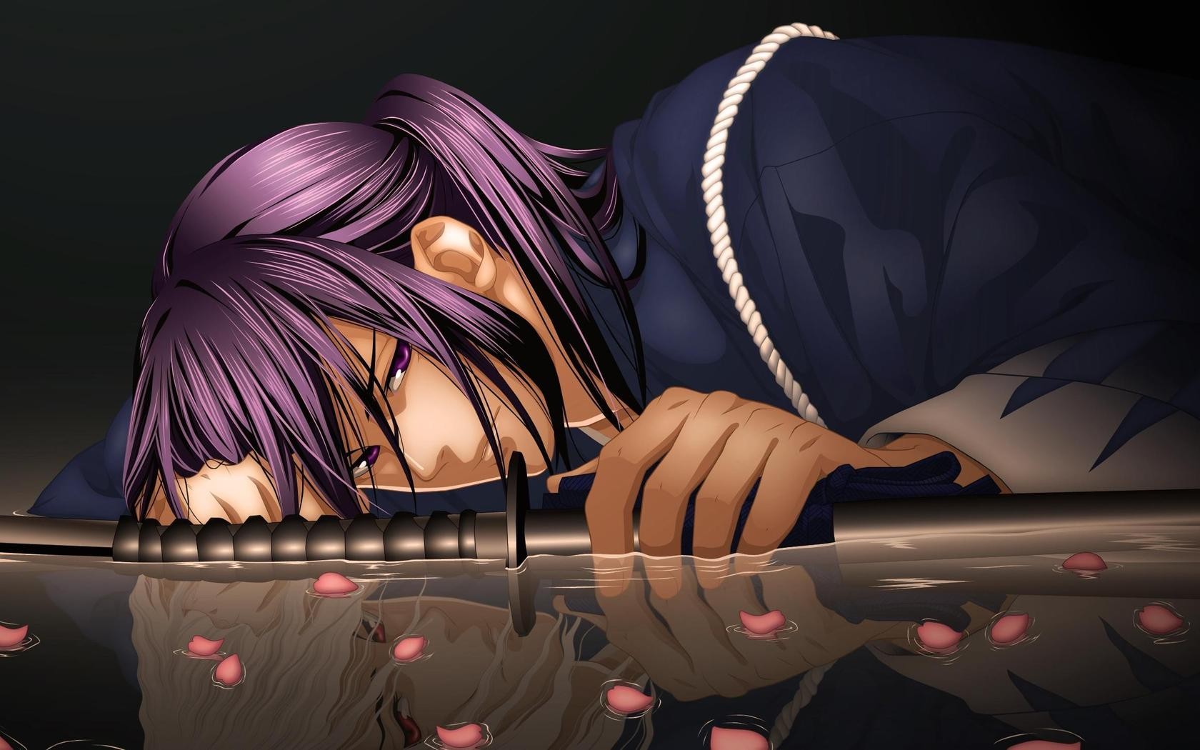 Anime 1680x1050 Hakuouki Shinsengumi Kitan anime purple hair sword water anime boys katana weapon purple eyes reflection fantasy art fantasy men