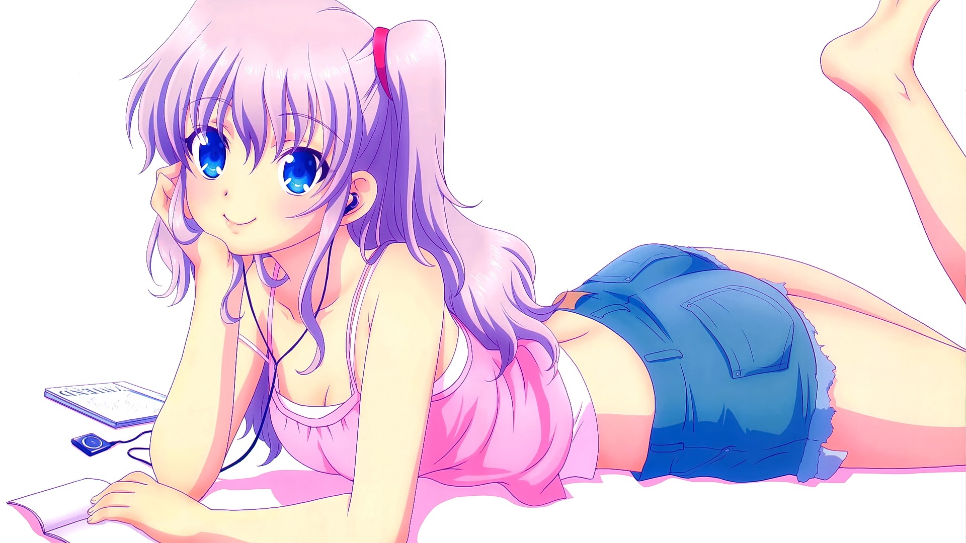 Anime 1920x1080 ass anime anime girls Tomori Nao headsets blue eyes long hair smiling iPod barefoot lying on front Charlotte (anime) looking at viewer white background