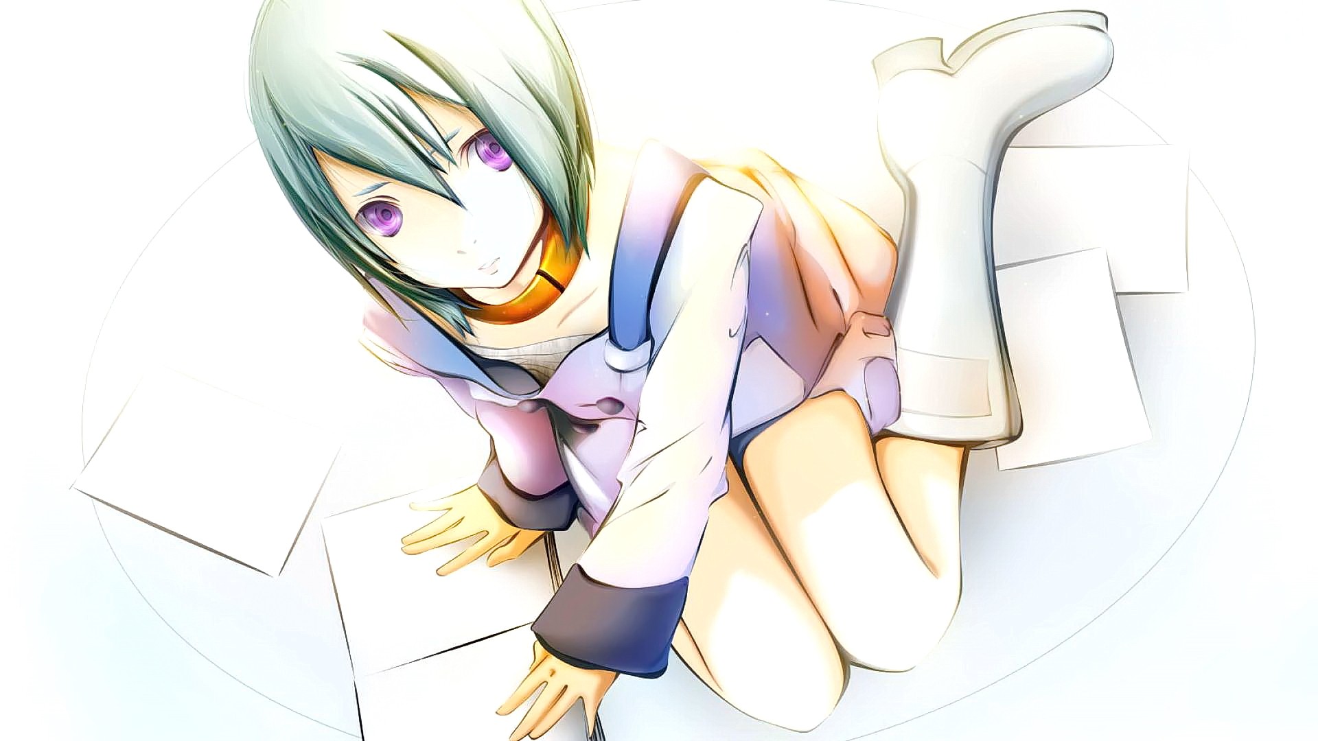 Anime 1920x1080 anime anime girls Eureka Seven Eureka (character) women thighs purple eyes green hair face looking at viewer white background simple background boots shoulder length hair
