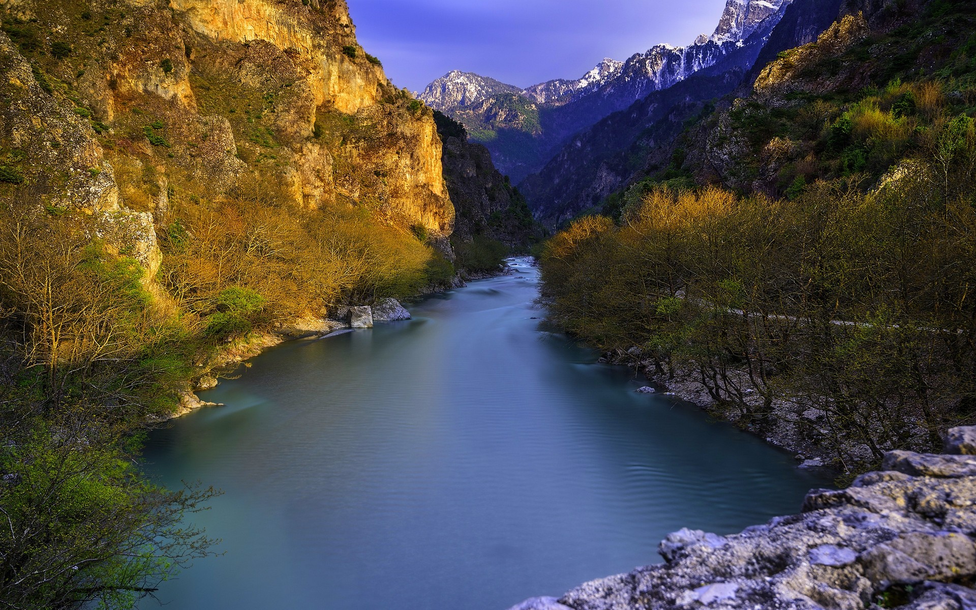 General 1920x1200 nature landscape river mountains trees shrubs blue water sunlight Greece