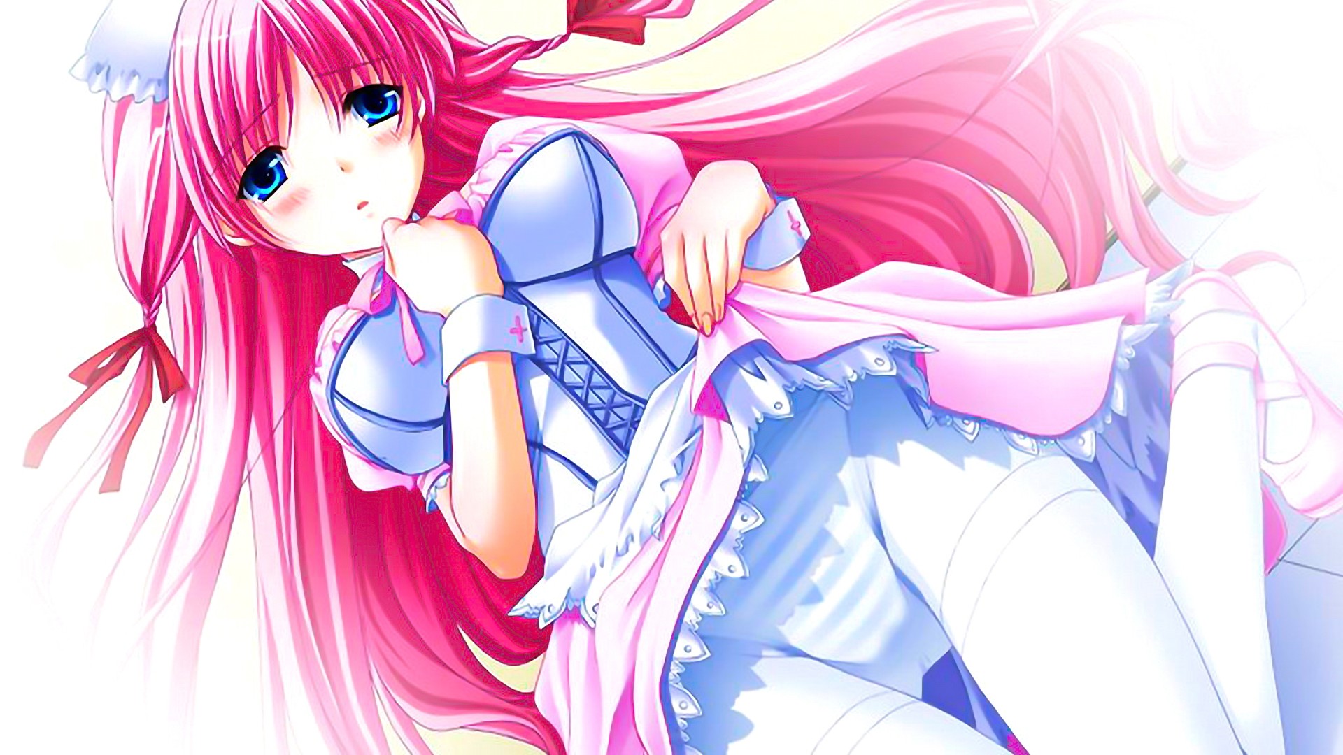 Anime 1920x1080 anime anime girls pantyhose lifting skirt pink hair blue eyes long hair upskirt white background