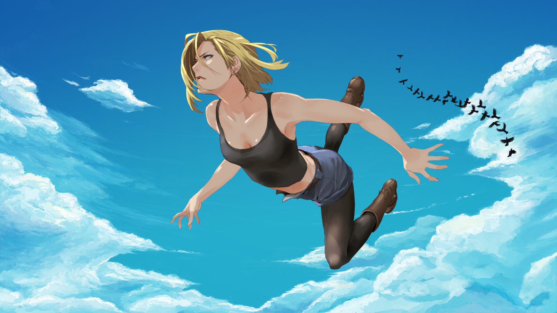 Anime 1920x1080 Android 18 Dragon Ball blonde anime girls cleavage realistic sky birds clouds black top women
