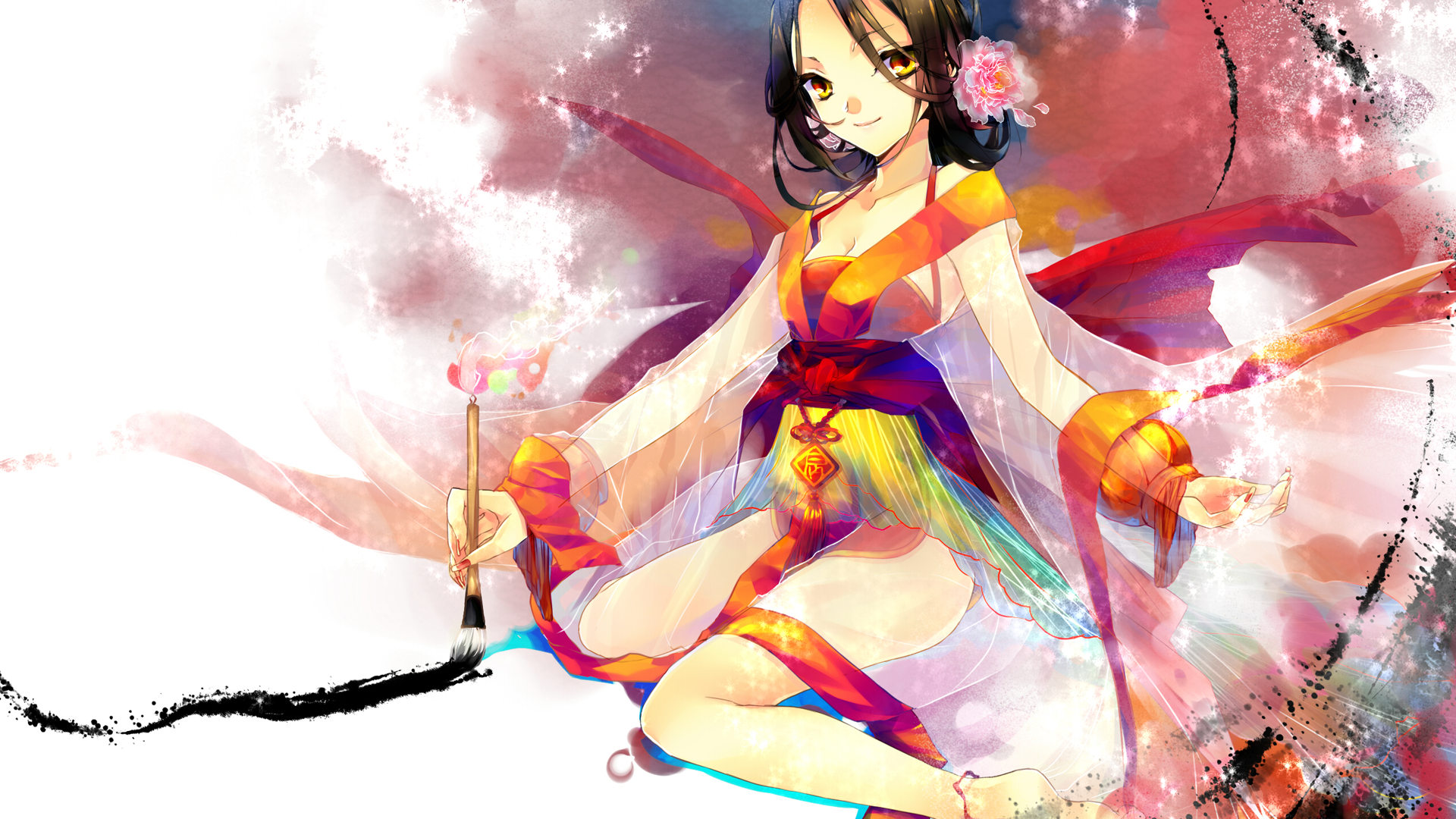 Anime 1920x1080 anime anime girls original characters paint brushes see-through clothing fantasy art fantasy girl smiling yellow eyes looking at viewer