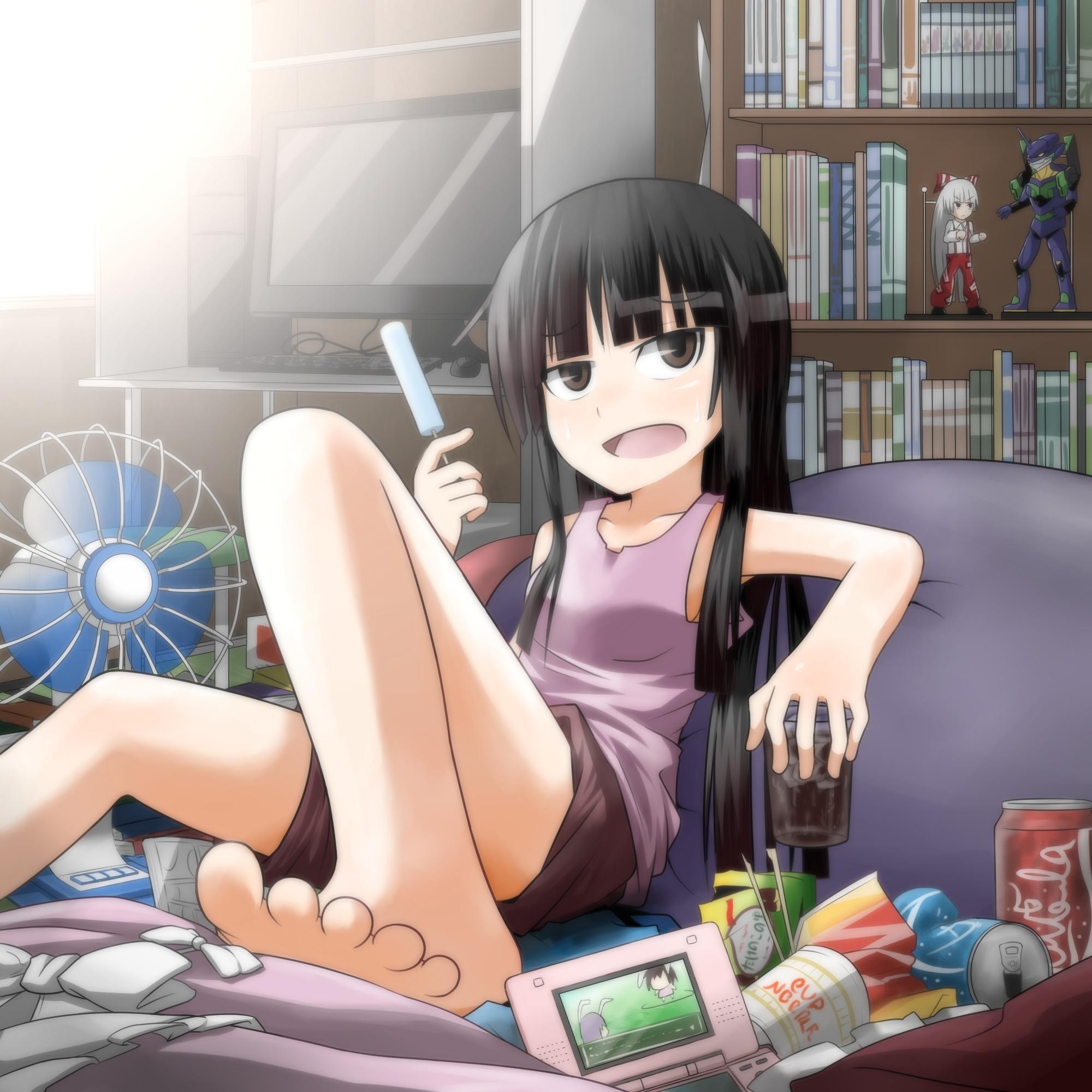 Anime 2000x2000 anime girls room shorts food sweets popsicle open mouth black hair can drinking glass toes barefoot dark eyes fans women indoors anime