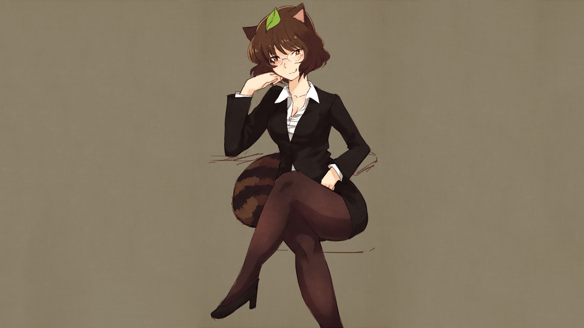 Anime 1920x1080 Futatsuiwa Mamizou Touhou glasses looking at viewer legs legs crossed women with glasses animal ears cat girl simple background anime girls anime