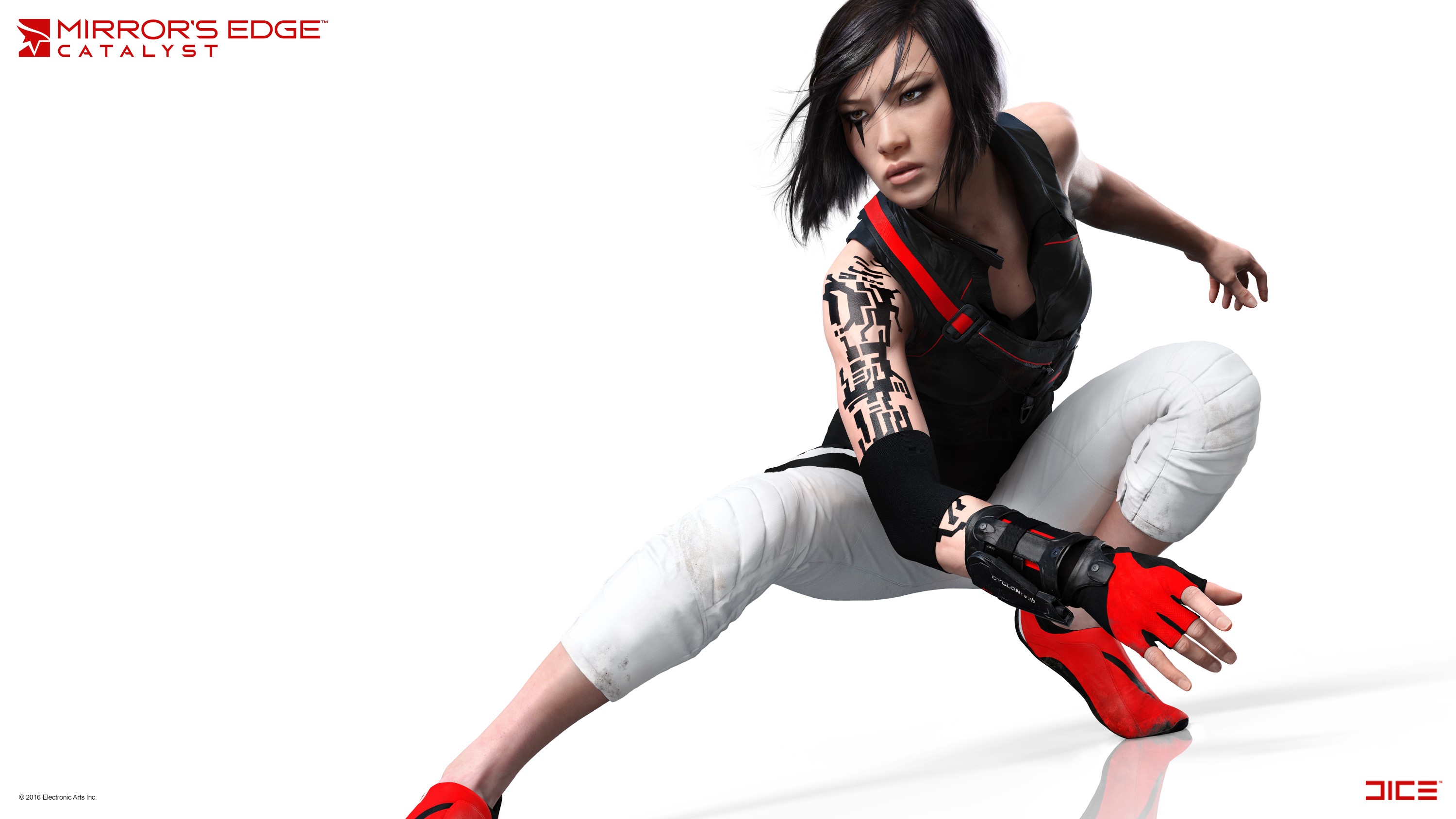General 3000x1688 Mirror's Edge Mirror's Edge Catalyst EA DICE Faith Connors dark hair simple background video games PC gaming women video game art video game girls Electronic Arts logo watermarked