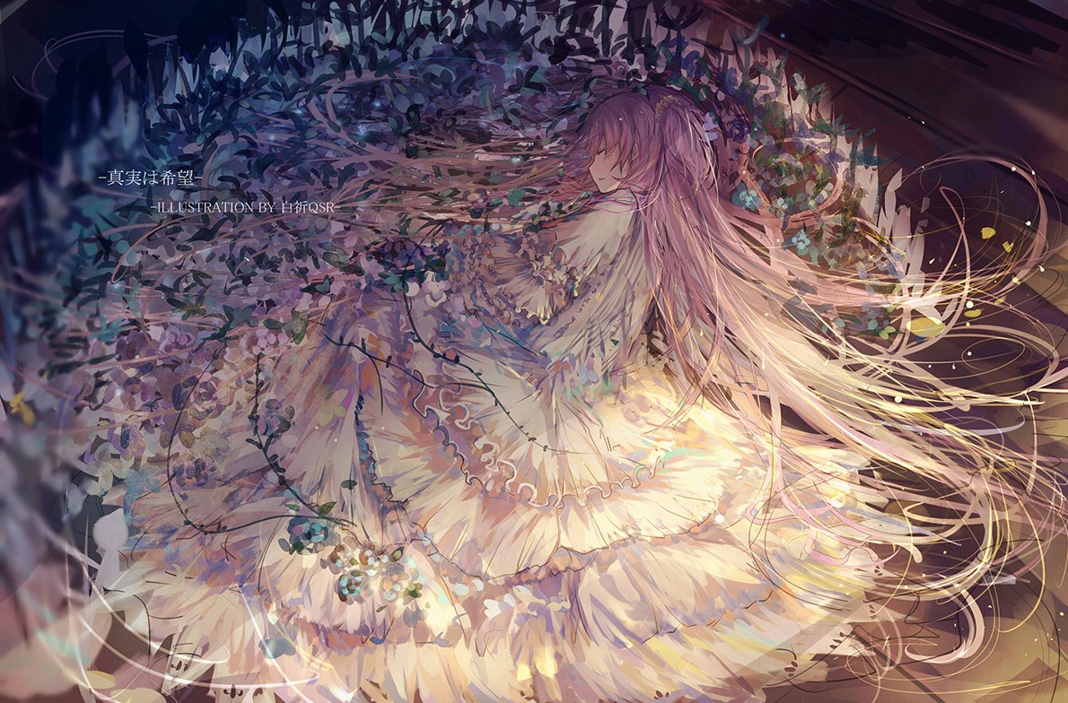 Anime 1190x784 Mahou Shoujo Madoka Magica Kaname Madoka white dress long hair twintails flowers petals sleeping anime girls anime fantasy art fantasy girl