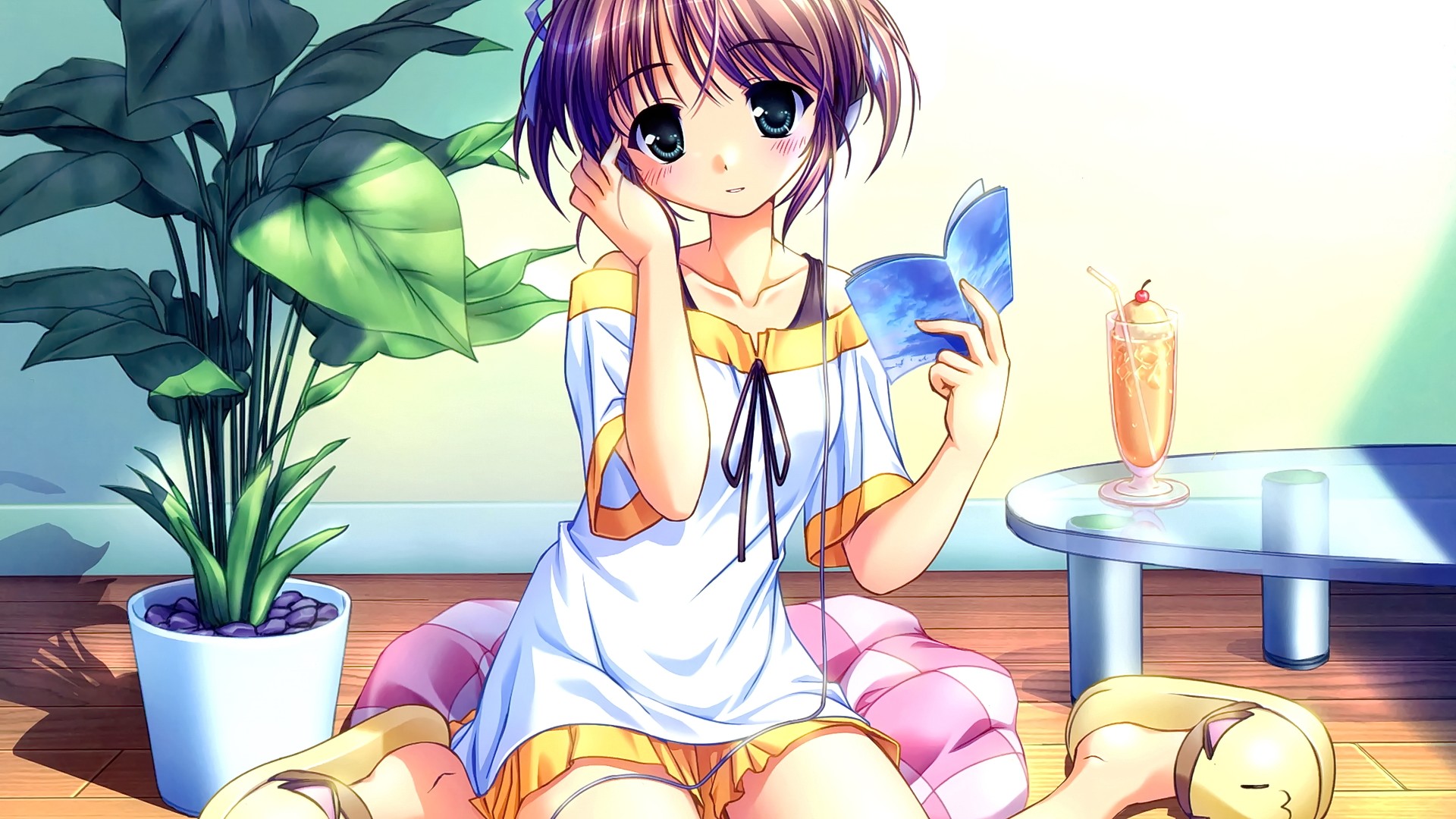 Anime 1920x1080 anime anime girls brunette sitting reading flowers blue eyes looking at viewer food sweets books flowerpot plants women indoors