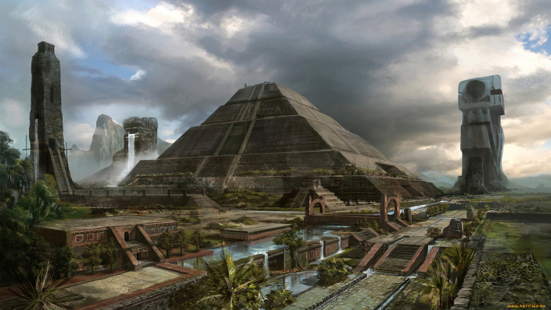General 1920x1080 fantasy art pyramid digital art Maya (civilization) tower palm trees clouds waterfall DeviantArt artwork