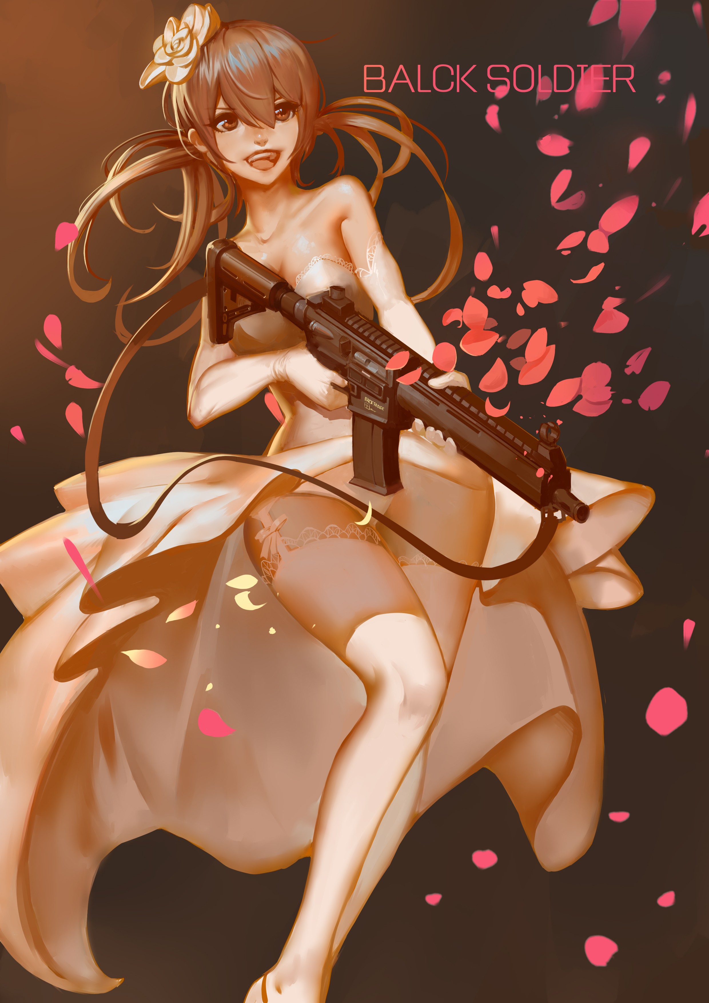 Anime 2480x3507 anime anime girls weapon gun long hair brown eyes Black Soldier Pixiv machine gun flower in hair thighs panties dress girls with guns