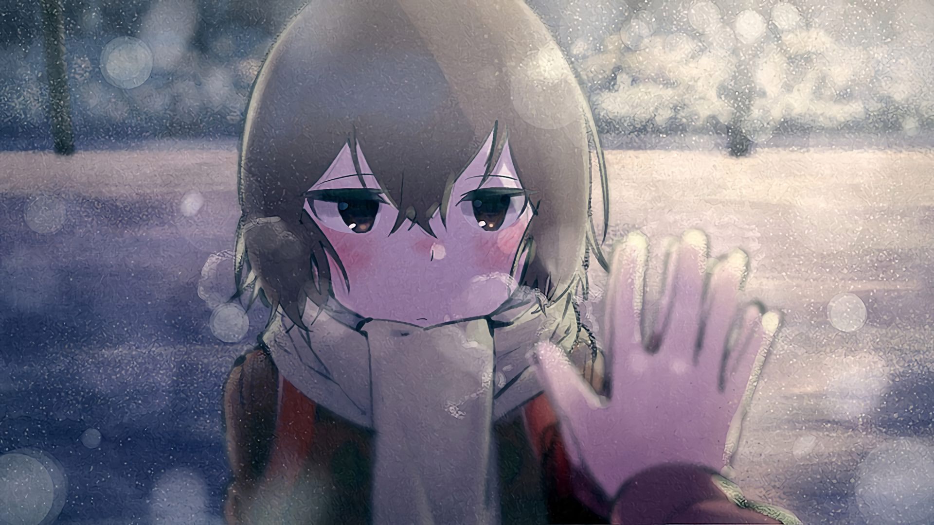 Anime 1920x1080 Boku dake ga Inai Machi Hinazuki Kayo anime girls anime Erased face brunette cold hands on glass scarf winter