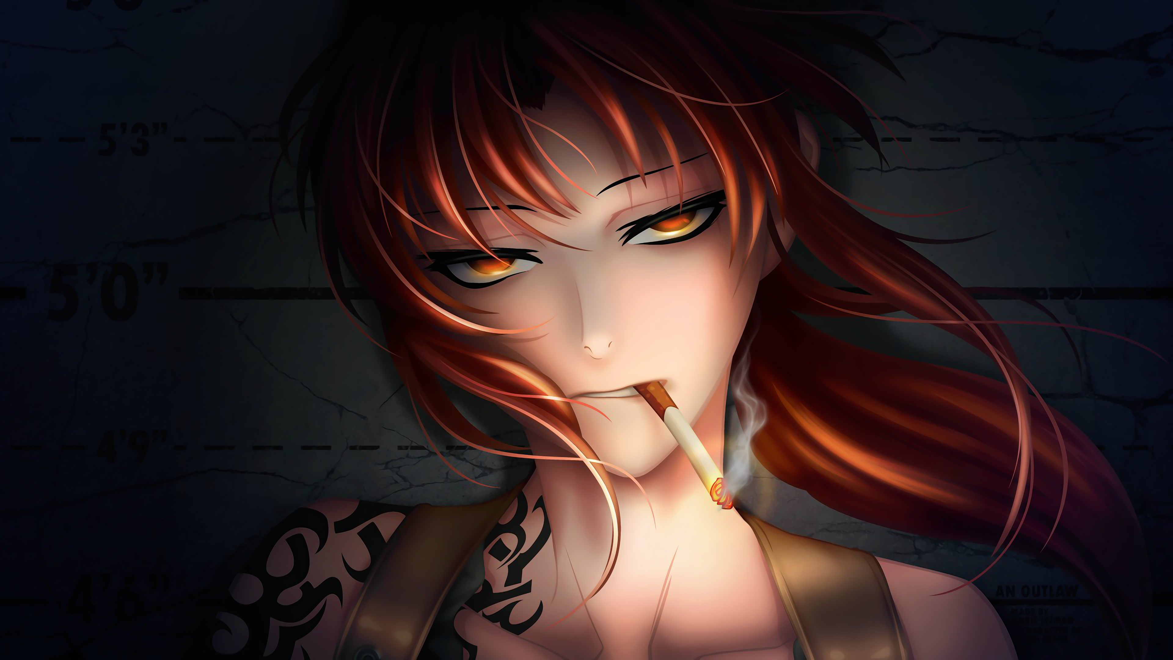 Anime 3840x2160 anime Black Lagoon Revy anime girls women face smoking cigarettes red eyes redhead long hair looking at viewer