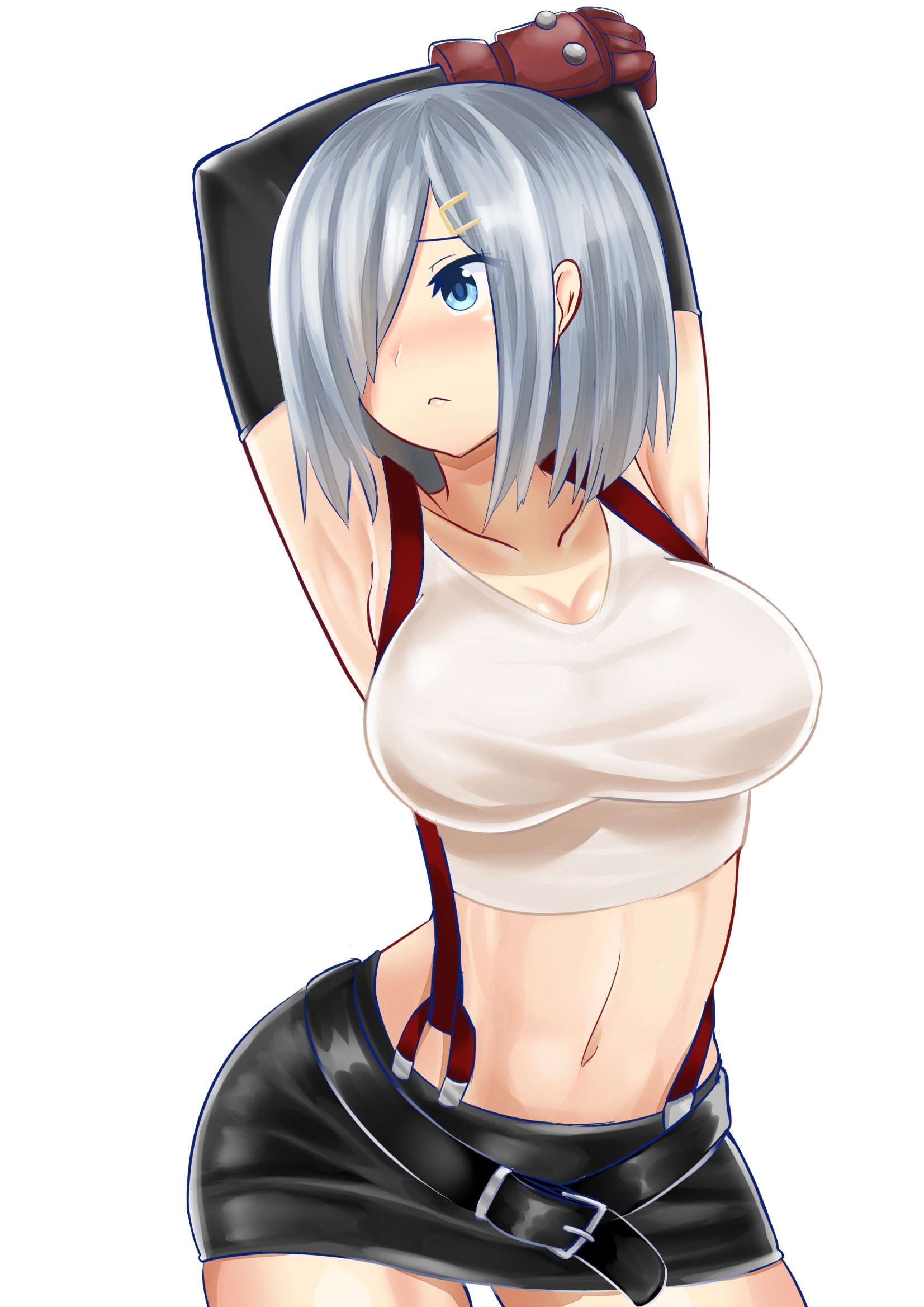 Anime 1653x2338 anime anime girls Kantai Collection Hamakaze (KanColle)  blue eyes crossover Tifa Lockhart boobs big boobs curvy Pixiv hair over one eye arms up white background simple background fantasy art fantasy girl Final Fantasy video game girls fan art belly miniskirt gloves