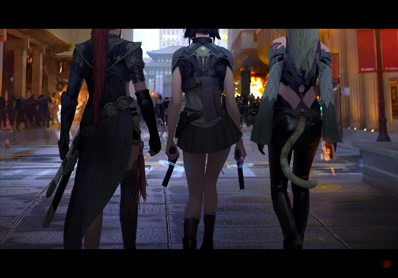General 1291x900 Urban Legends: Tale of the Cyberking weapon anime girls anime gun rear view women trio girls with guns tail