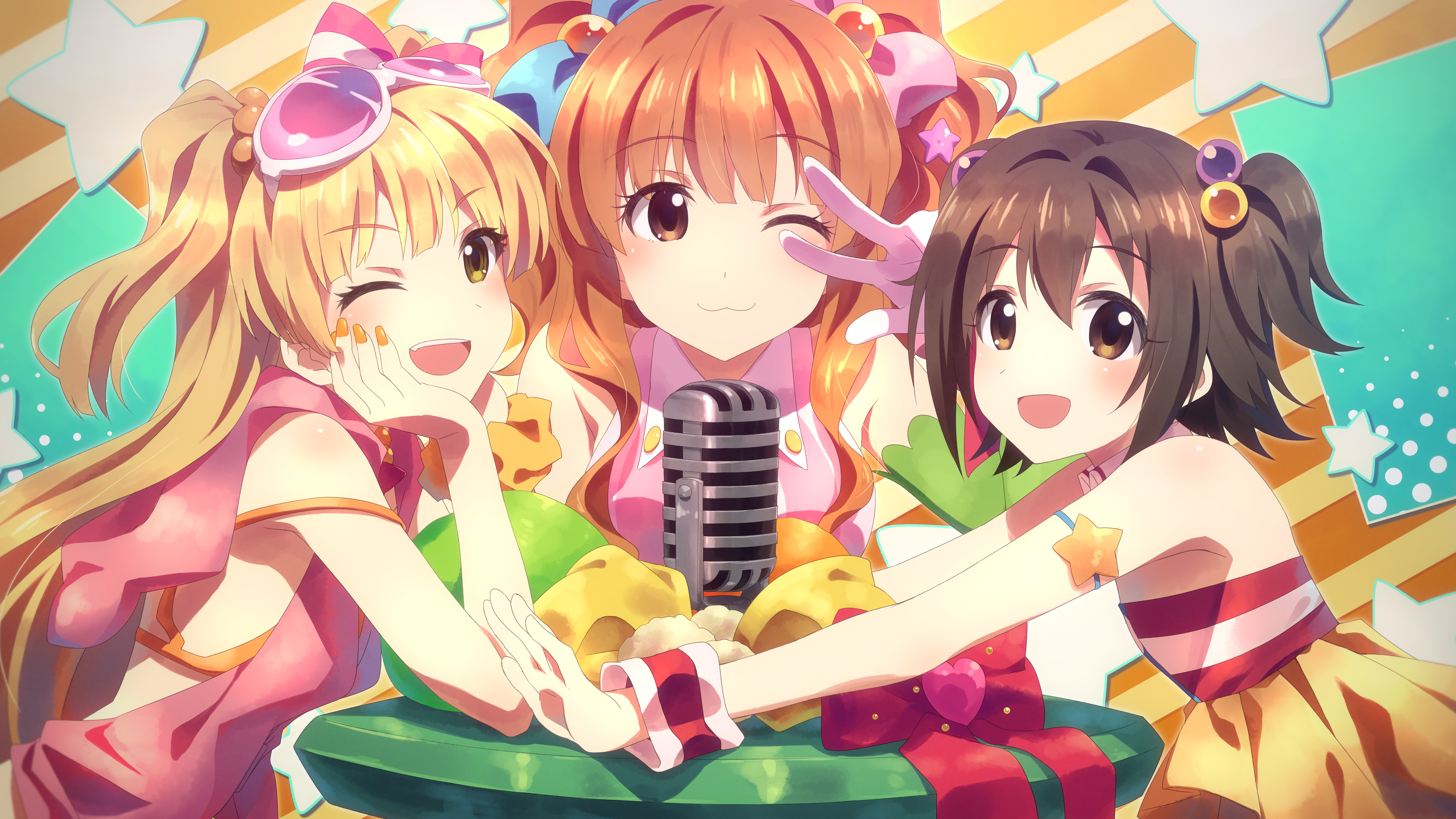 Anime 3840x2160 THE iDOLM@STER anime girls anime microphone THE iDOLM@STER: Cinderella Girls women women trio group of women open mouth blonde redhead brunette one eye closed looking at viewer hand gesture yellow eyes brown eyes painted nails
