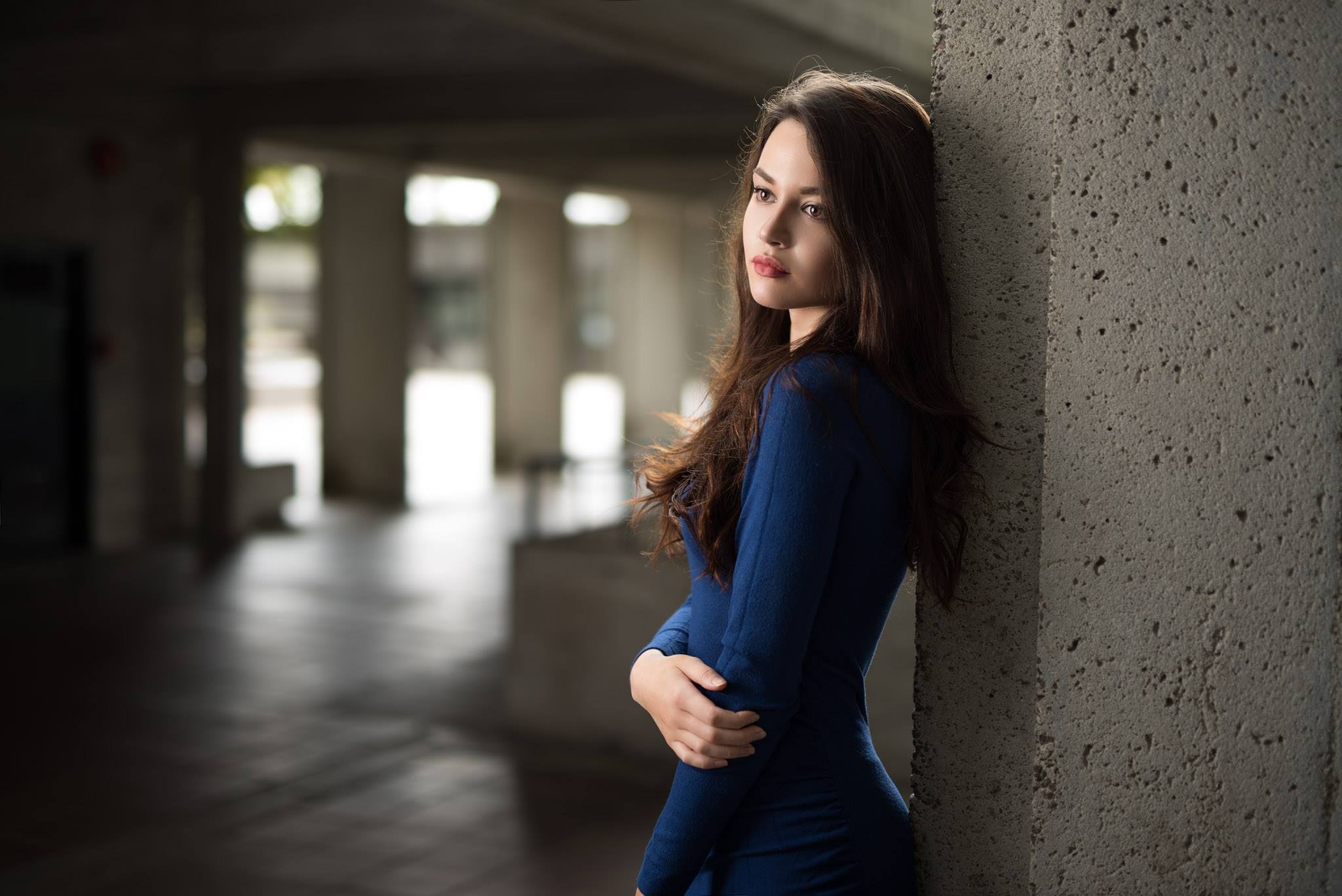 People 2048x1367 women portrait dress looking away blue dress blue clothing brunette standing closed mouth brown eyes long hair makeup Anastasia Kyle Cong model Anastasia (model)