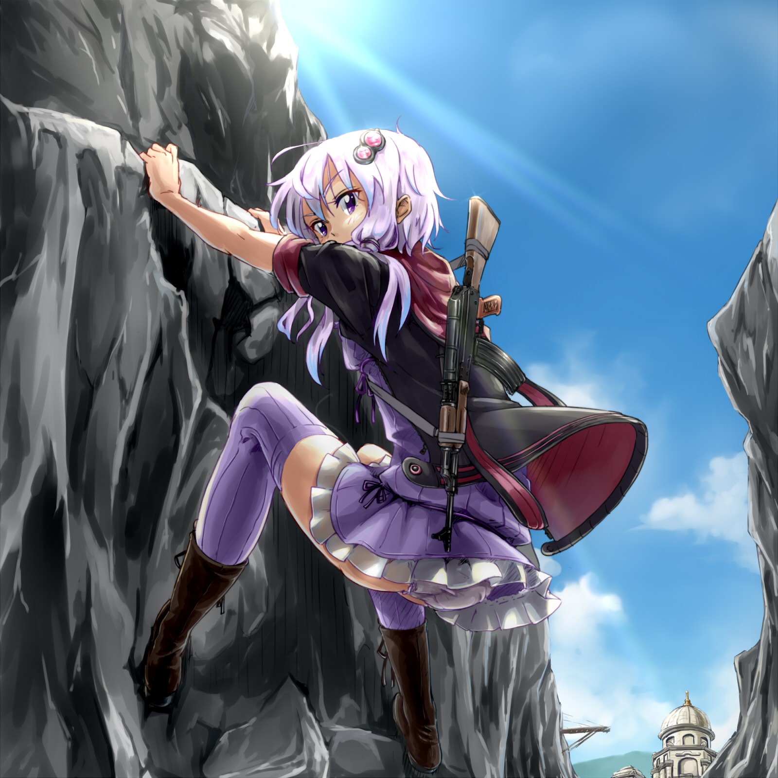 Anime 1600x1600 anime anime girls AK-47 weapon gun skirt long hair purple hair thigh-highs