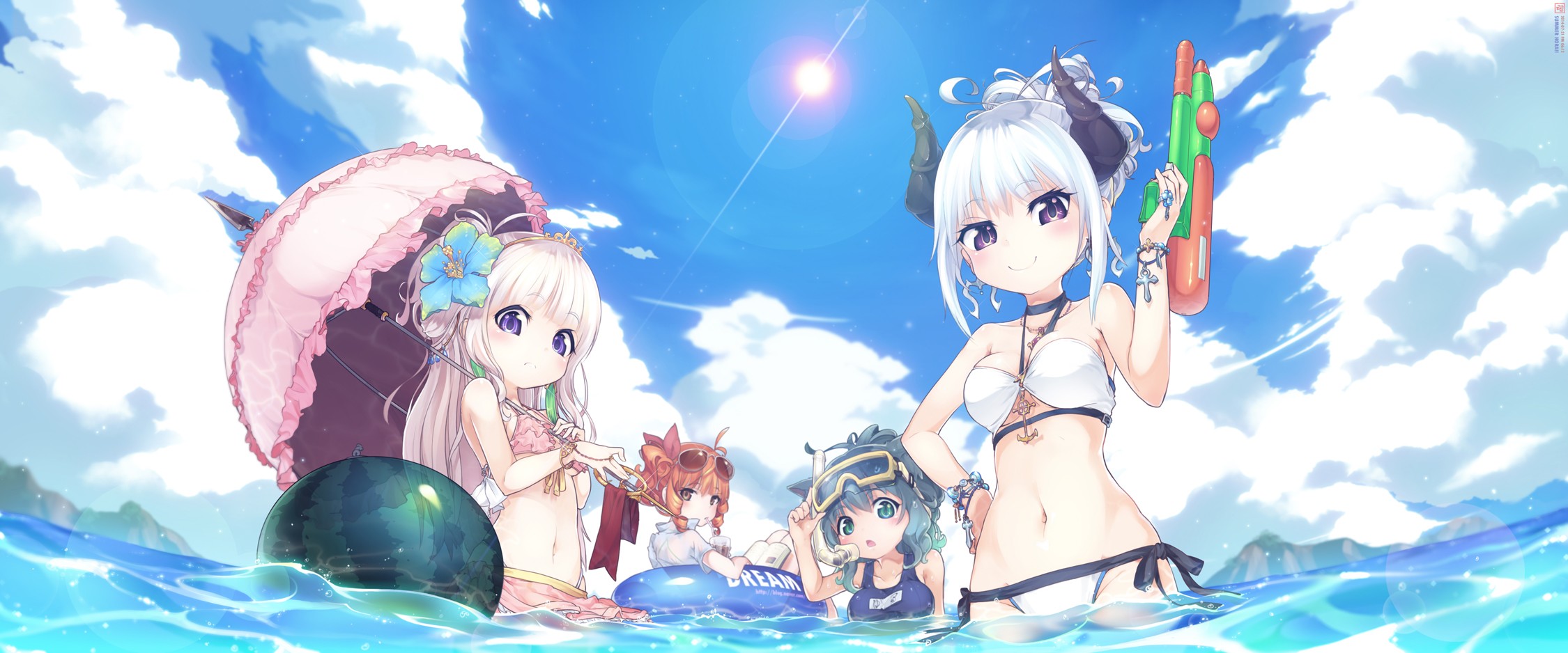 Anime 2250x938 anime anime girls bikini cleavage horns loli umbrella wet wet clothing water gray hair long hair short hair floater hibiscus looking at viewer clouds low-angle flower in hair water guns glasses swimming goggles women quartet standing in water