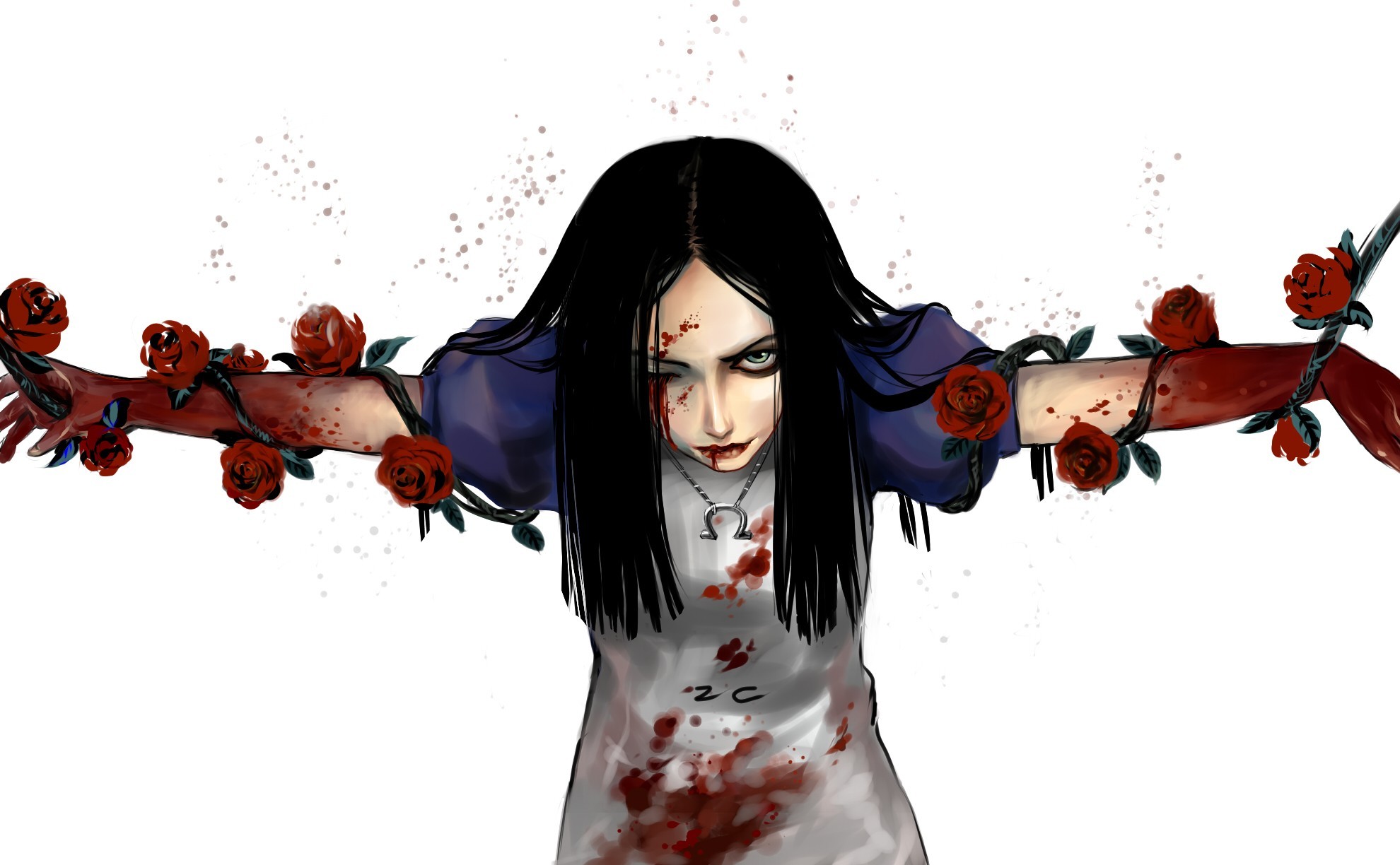 General 1980x1224 Alice in Wonderland Alice Alice: Madness Returns video game characters rose Book characters long hair video games necklace one eye closed blood looking at viewer open arms closed mouth black hair blue eyes