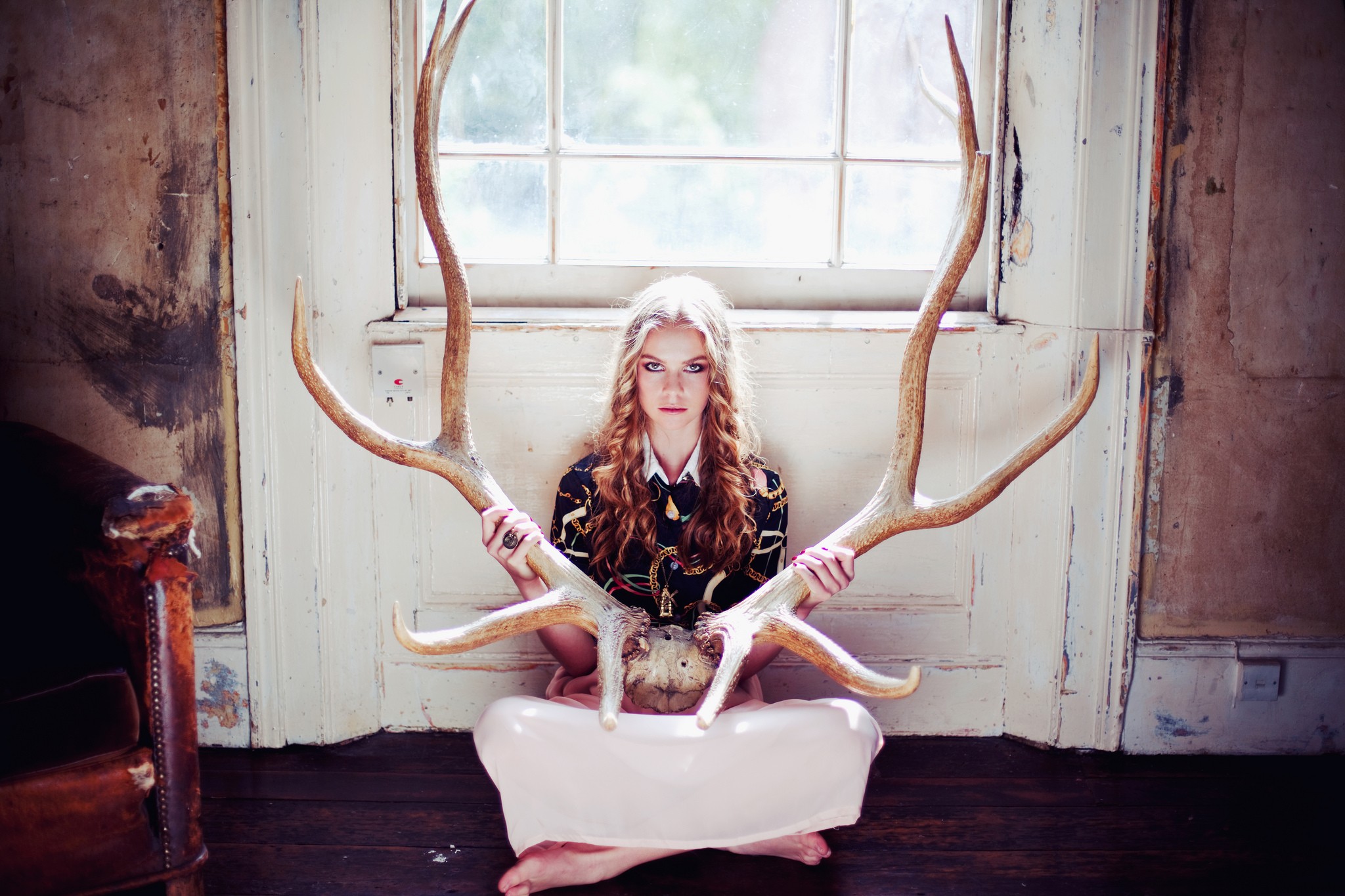 People 2048x1365 women blonde sitting looking at viewer antlers horns barefoot