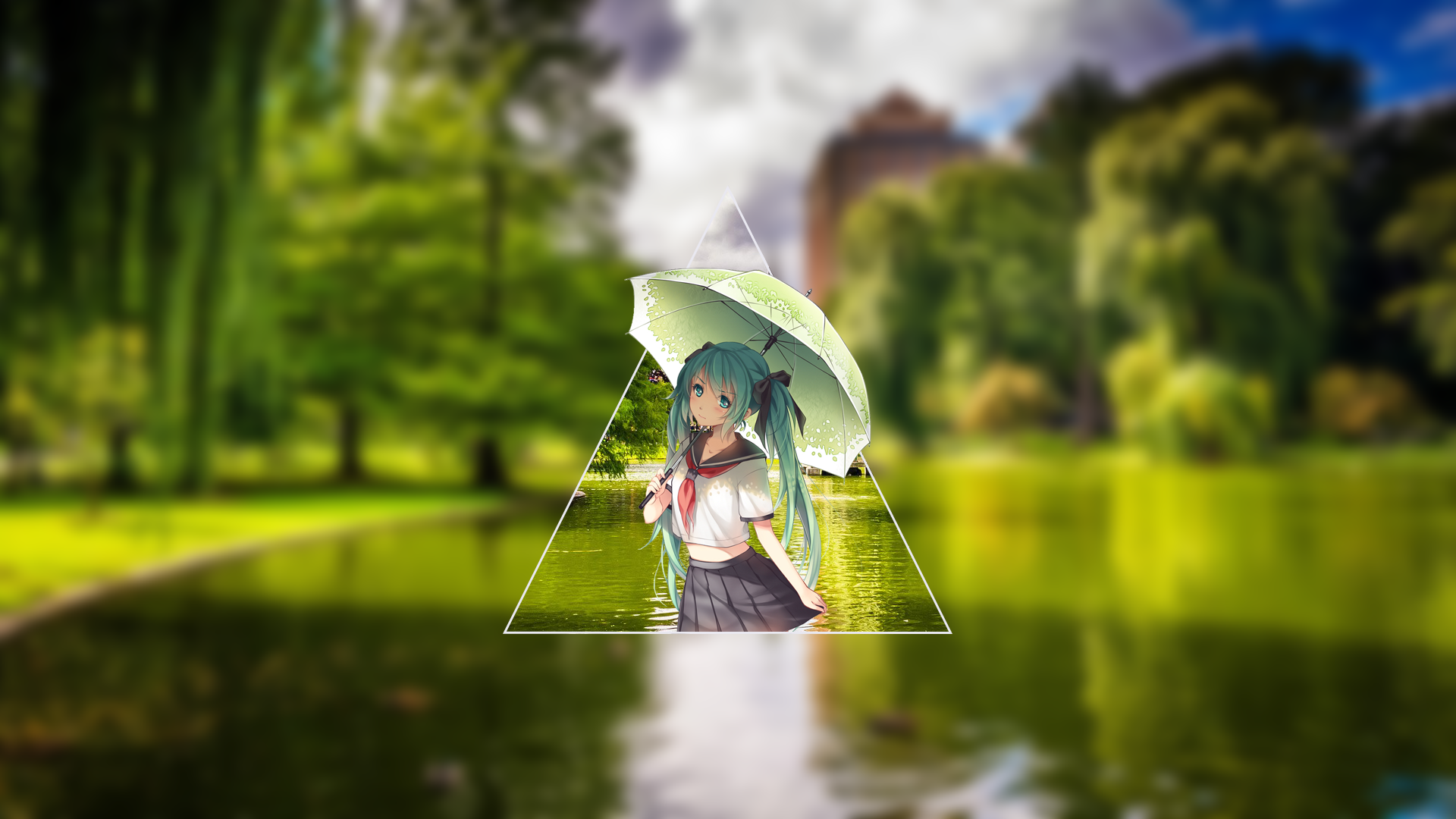 Anime 1920x1080 anime blurred minimalism nature Hatsune Miku Vocaloid women with umbrella umbrella cyan hair aqua eyes