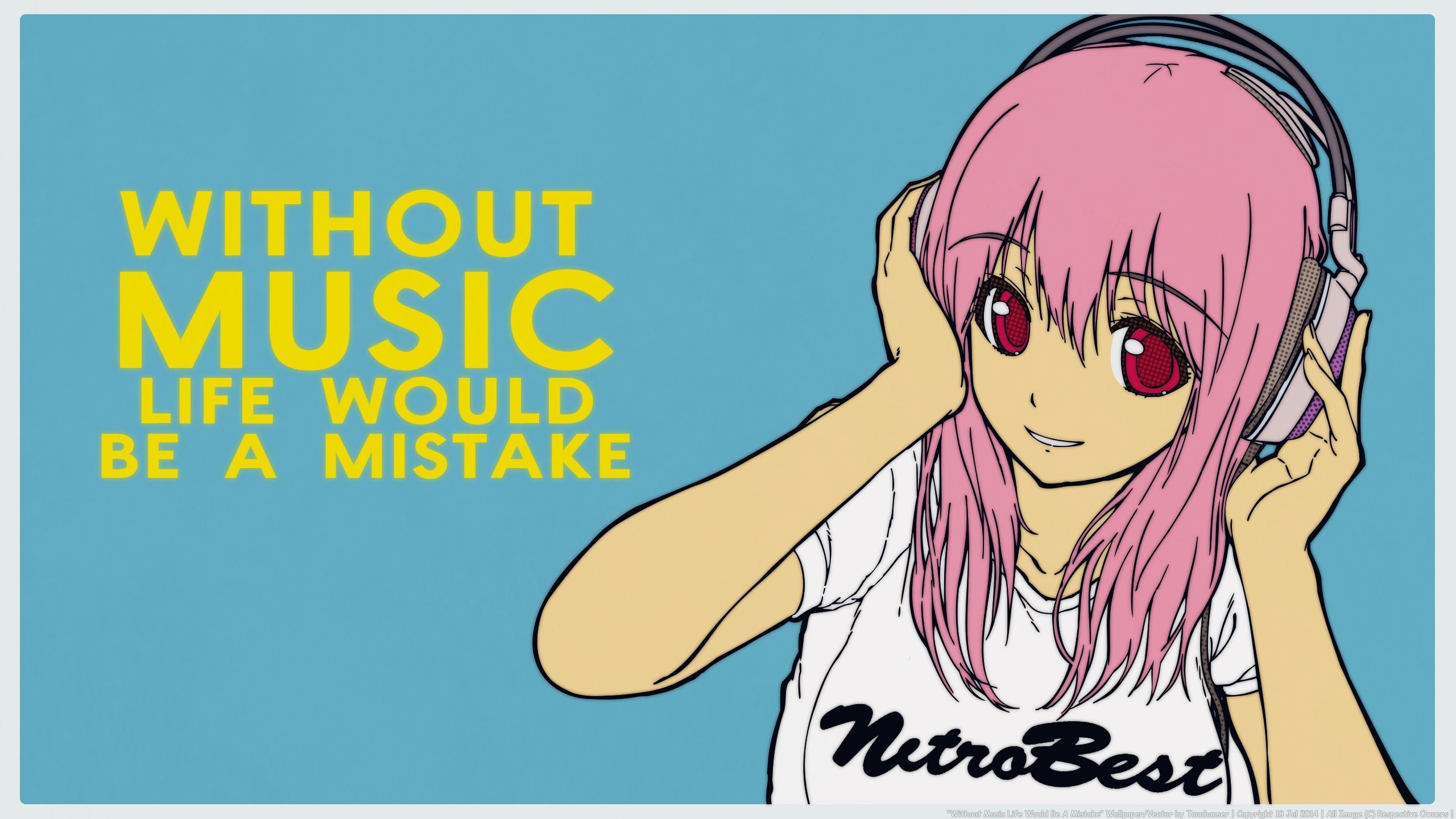 Anime 2560x1440 music Super Sonico headphones anime girls pink hair text halftone pattern women anime audio-technica blue background long hair red eyes