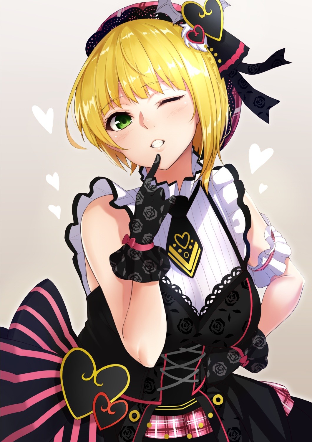 Anime 1060x1500 anime anime girls THE iDOLM@STER THE iDOLM@STER: Cinderella Girls Miyamoto Frederica dress short hair blonde green eyes gloves simple background tie one eye closed Pixiv looking at viewer women black dress
