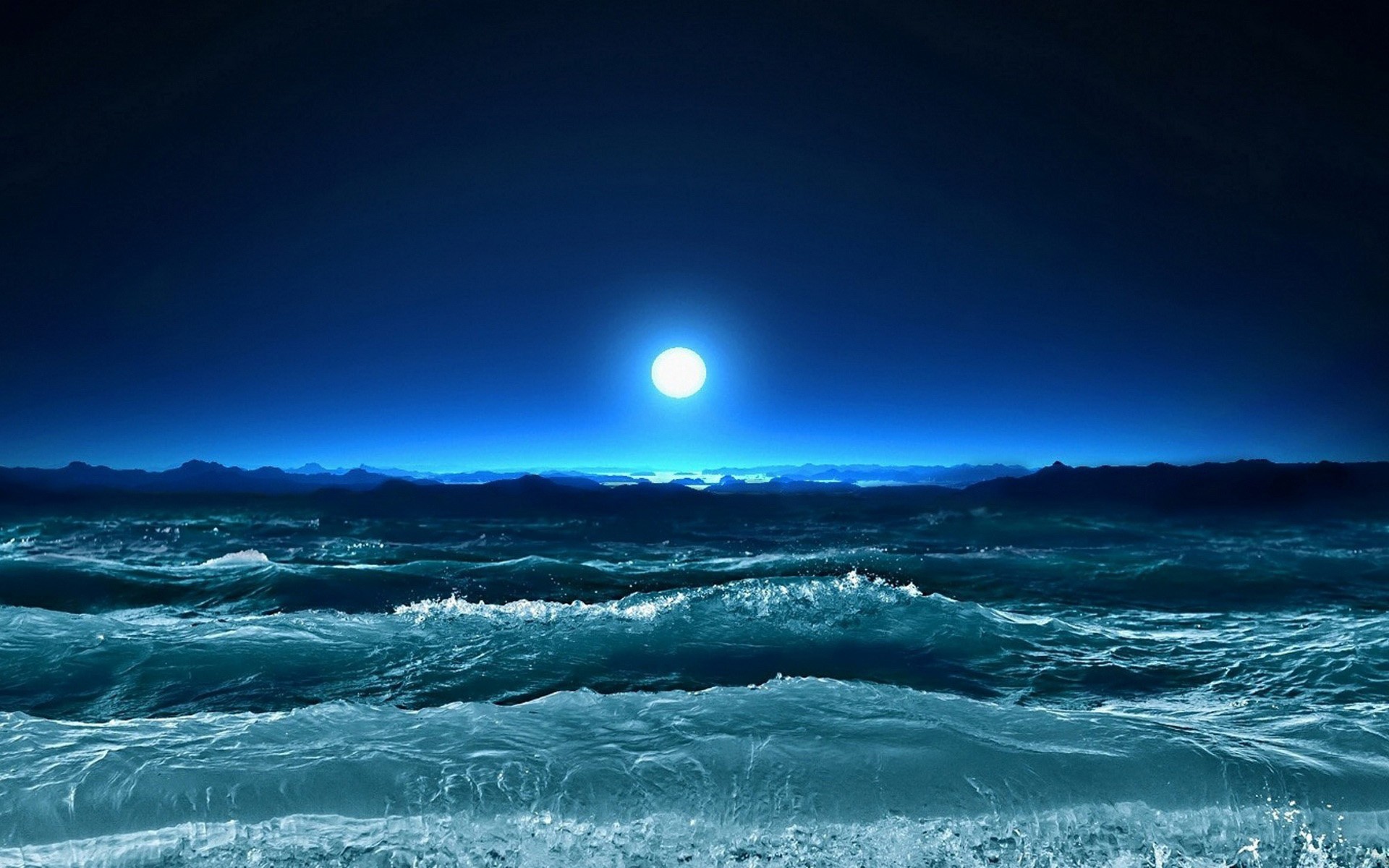 General 1920x1200 Moon water night blue sea nature low light waves sky moonlight full moon
