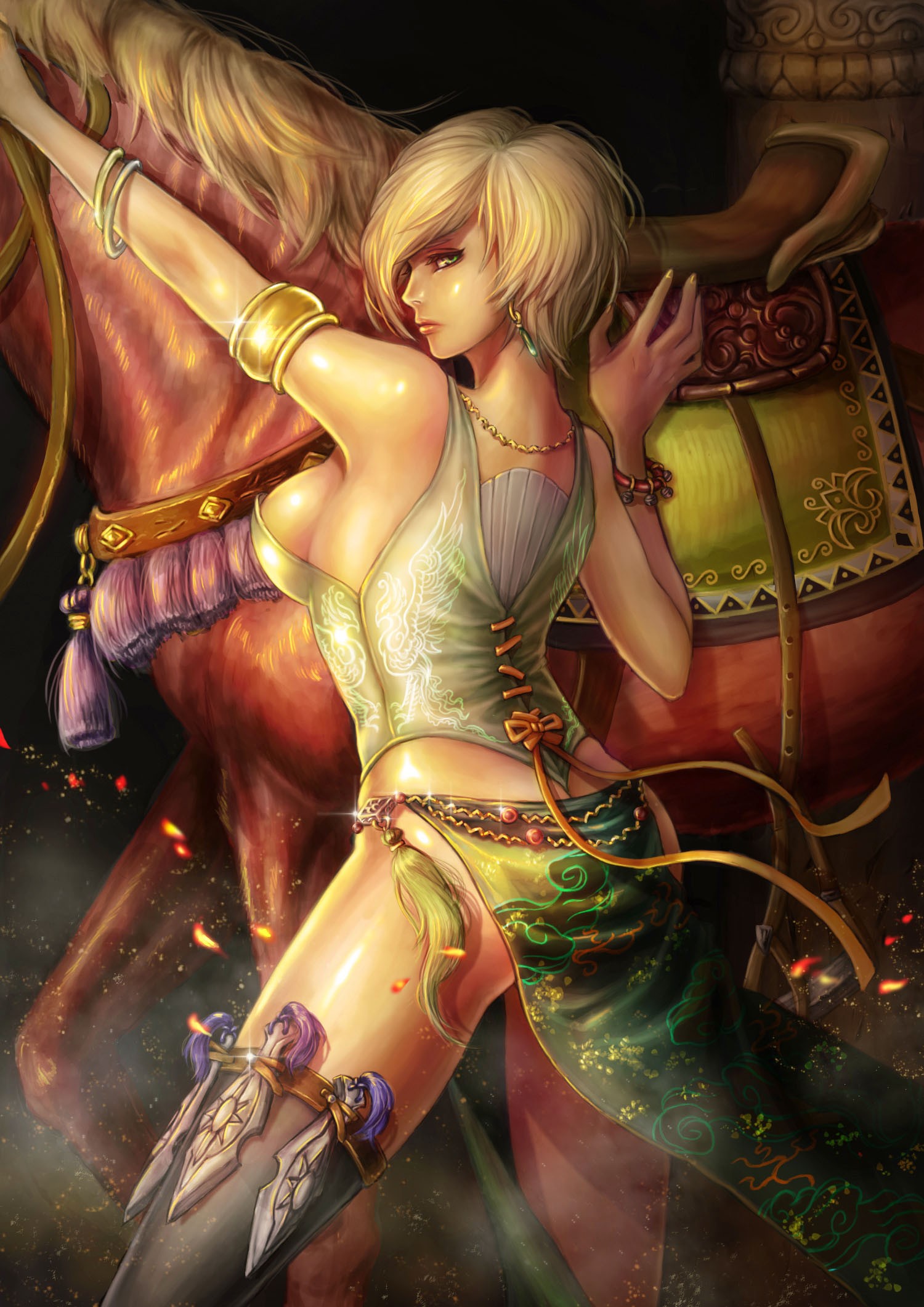 Anime 1500x2122 no bra weapon short hair blonde green eyes women Pixiv boobs horse animals fantasy art fantasy girl