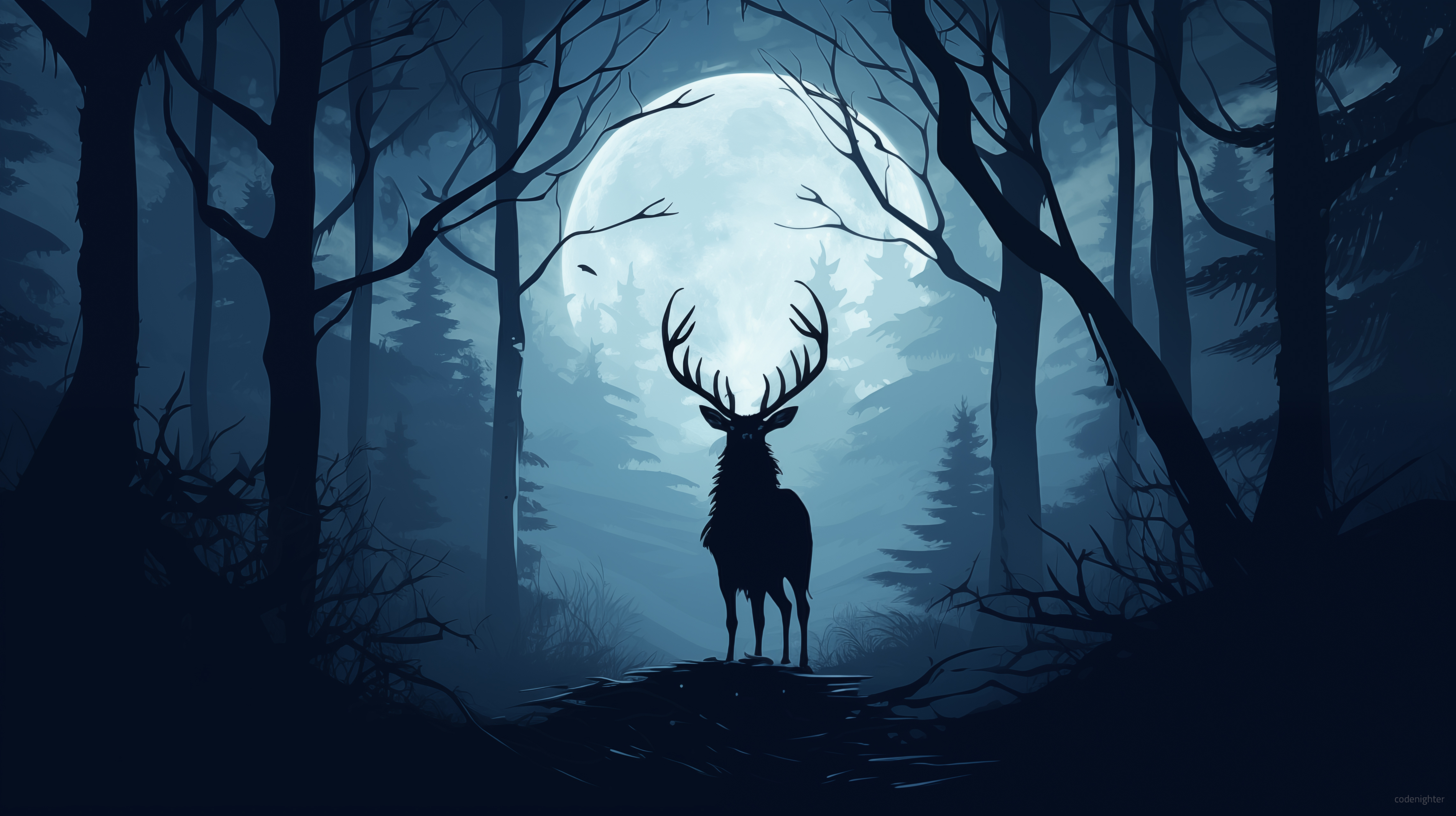 General 4568x2560 AI art digital art illustration night moonlight forest full moon antlers animals trees Moon nature