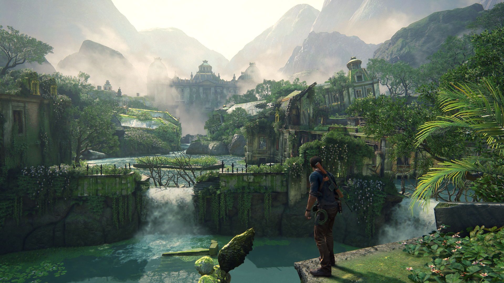 General 1920x1080 Uncharted 4: A Thief's End Nathan Drake video games Uncharted Naughty Dog video game art screen shot video game characters CGI water boys with guns gun standing leaves video game men building digital art