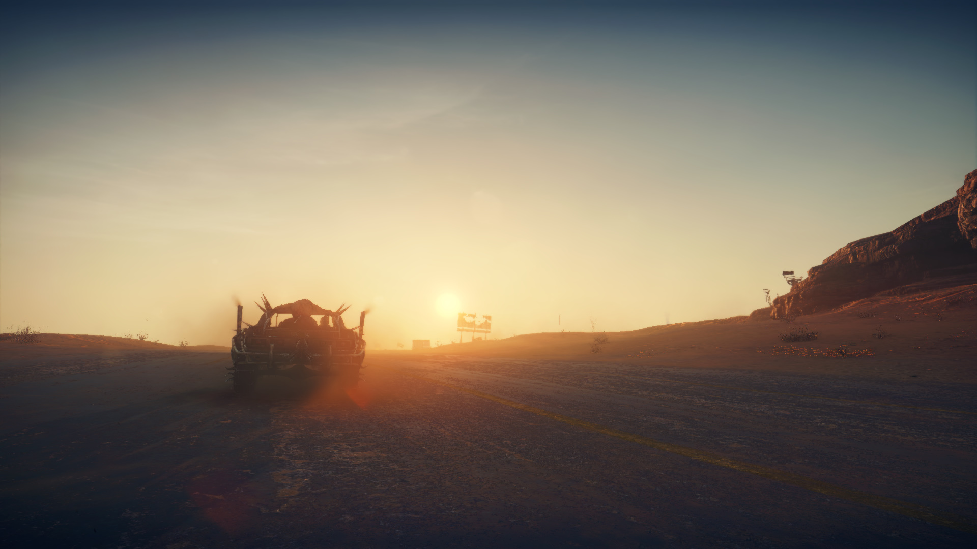 General 1920x1080 Mad Max (game) PC gaming screen shot video game art sunlight video game characters CGI video games clear sky car vehicle driving sunset sunset glow sky Sun