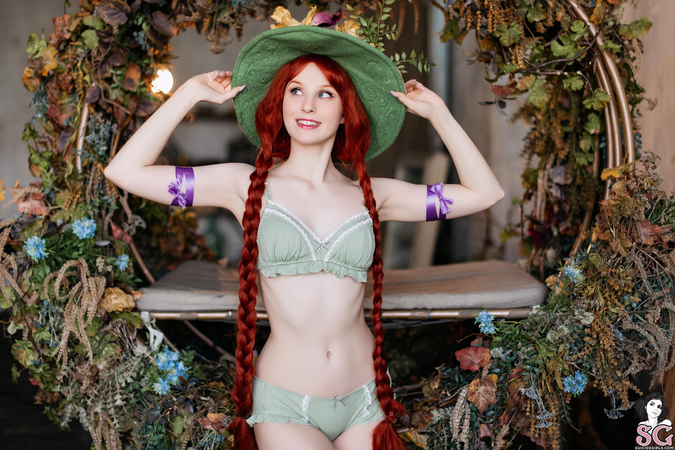 People 2580x1720 Marie McMuller Burlesque Suicide Girls redhead women model braids lingerie armpits long hair bokeh looking away smiling women with hats green lingerie purple ribbon twintails Mirabel Garlick