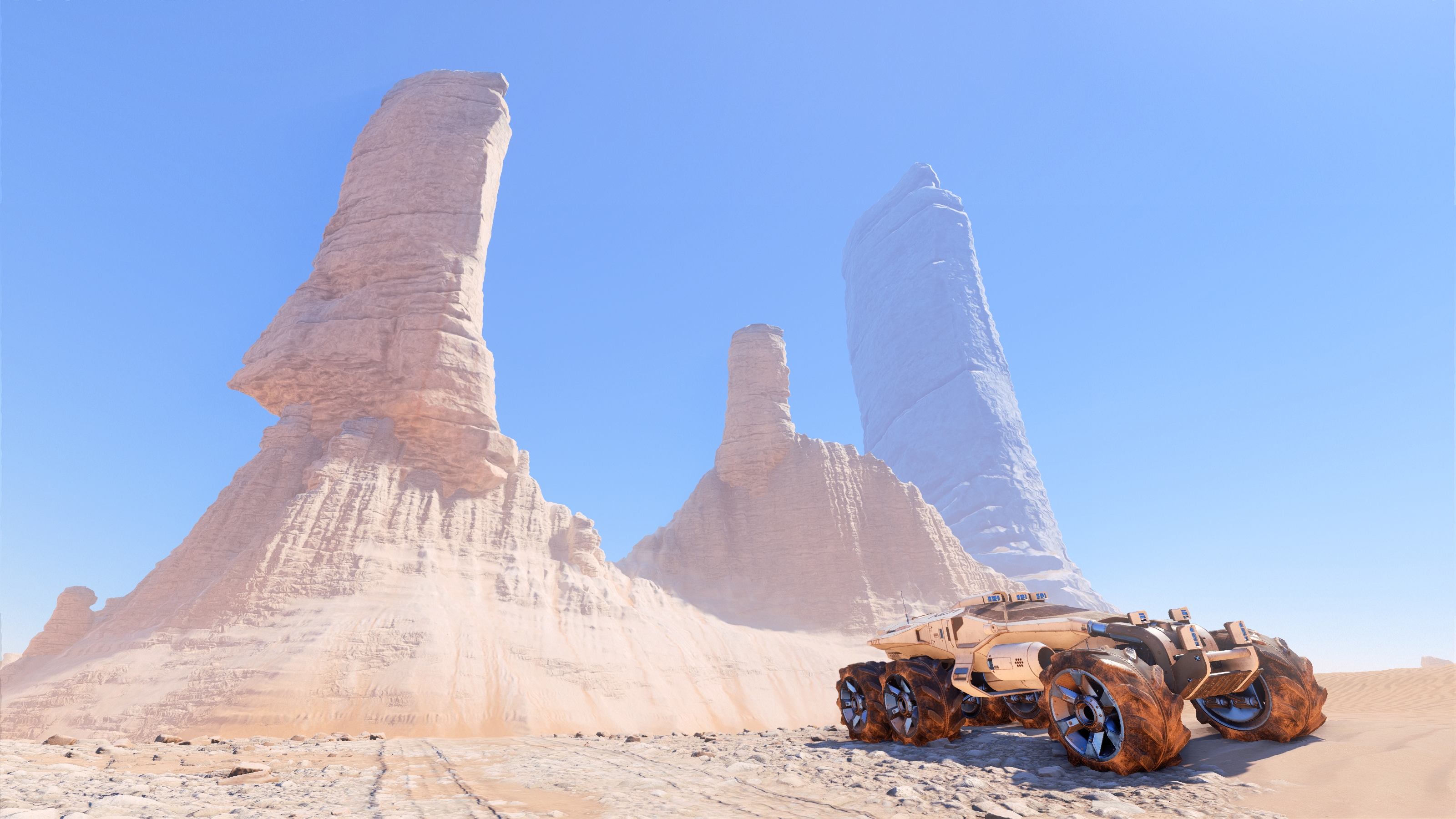 General 3200x1800 Mass Effect: Andromeda screen shot PC gaming video games Mass Effect video game art digital art vehicle sky CGI wheels sunlight