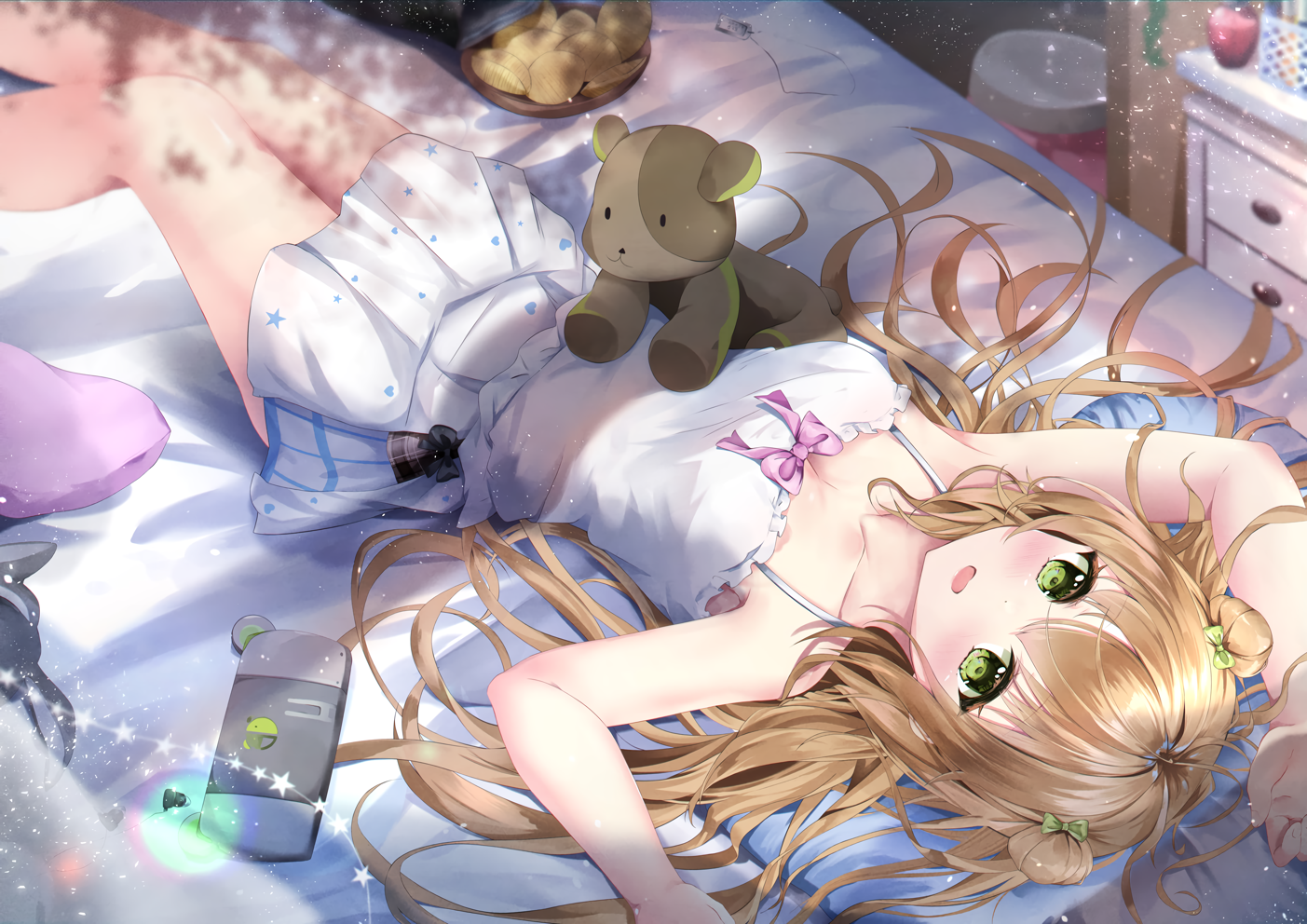 Anime 1403x992 anime anime girls AIZAWA (artist) in bed lying down lying on back open mouth blushing looking at viewer blonde indoors women indoors sunlight plush toy collarbone bow tie hair ribbon hairbun twin buns skirt bed dress bare shoulders straps green eyes consoles teddy bears stars anthropomorphism