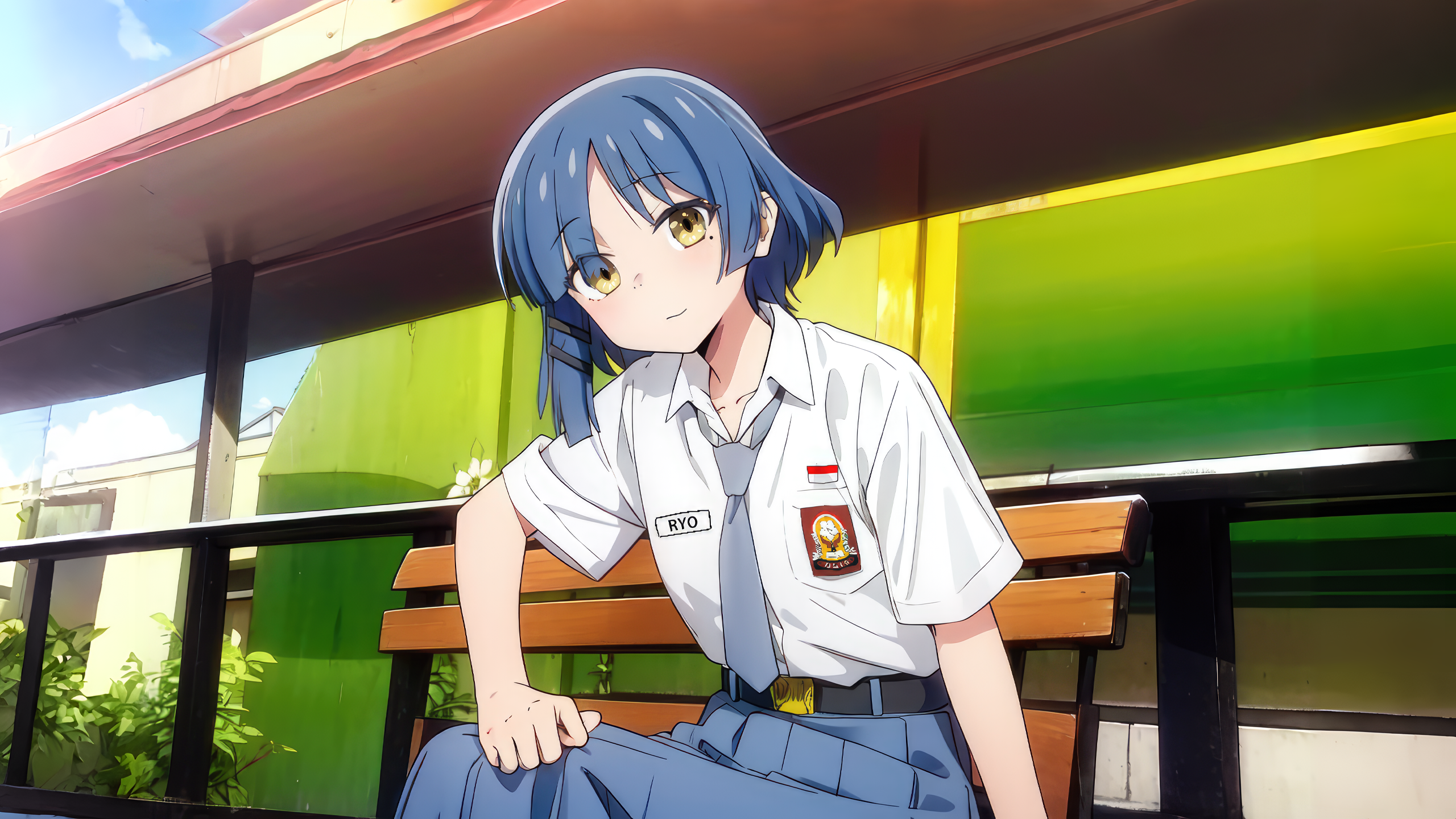 Anime 2560x1440 Ryo Yamada anime anime girls moles looking at viewer smiling mole under eye sunlight schoolgirl school uniform sitting bench tie short hair yellow eyes hair ornament sky clouds BOCCHI THE ROCK! blue hair short sleeves collarbone closed mouth outdoors women outdoors