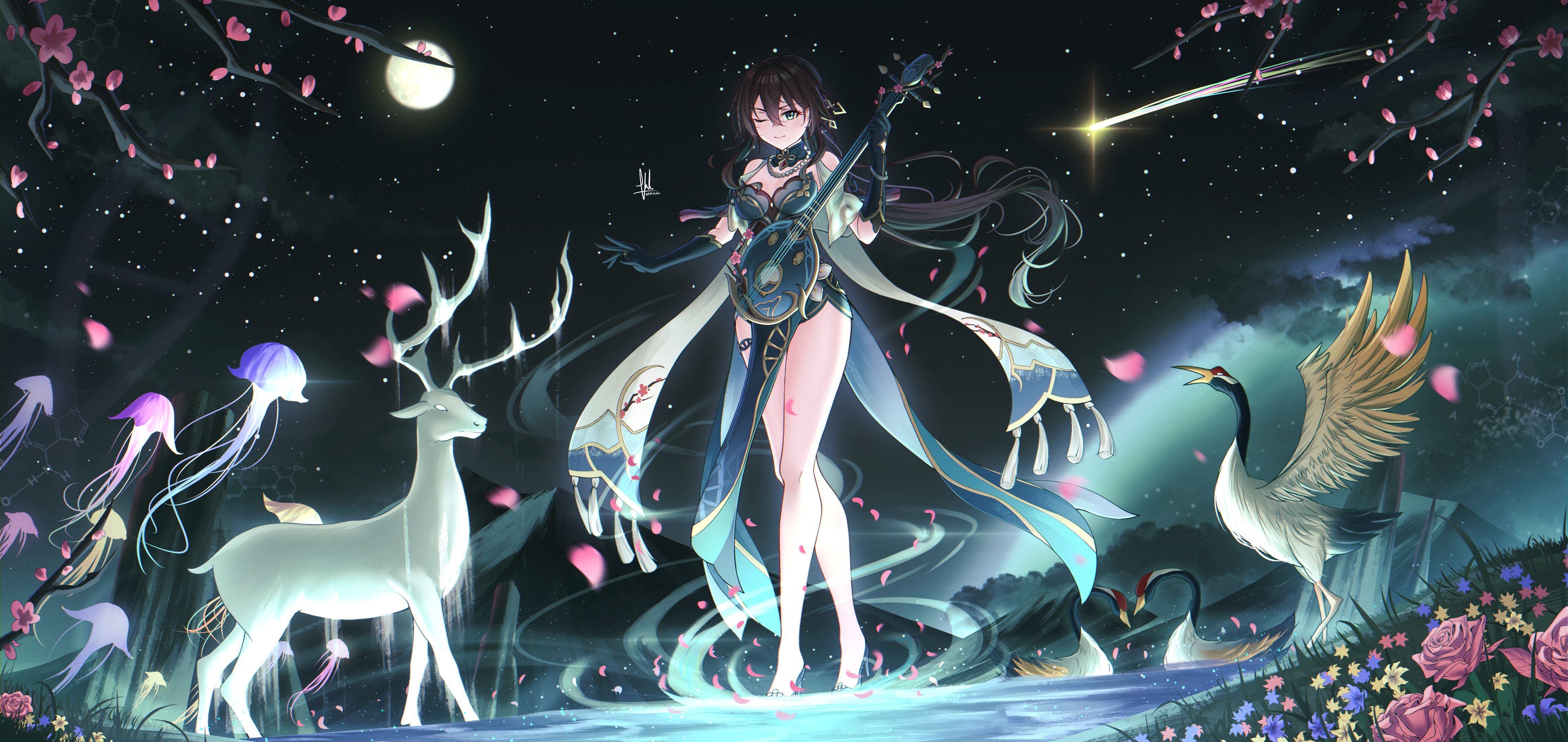 Anime 4560x2160 anime anime girls Ruan Mei (Honkai: Star Rail) Honkai: Star Rail Varhan hair between eyes standing musical instrument stars one eye closed long hair bare shoulders smiling pearl necklace necklace antlers deer swans animals jellyfish sky starred sky starry night flowers petals legs closed mouth signature outdoors women outdoors pointed toes tiptoe Moon moonlight branch night water