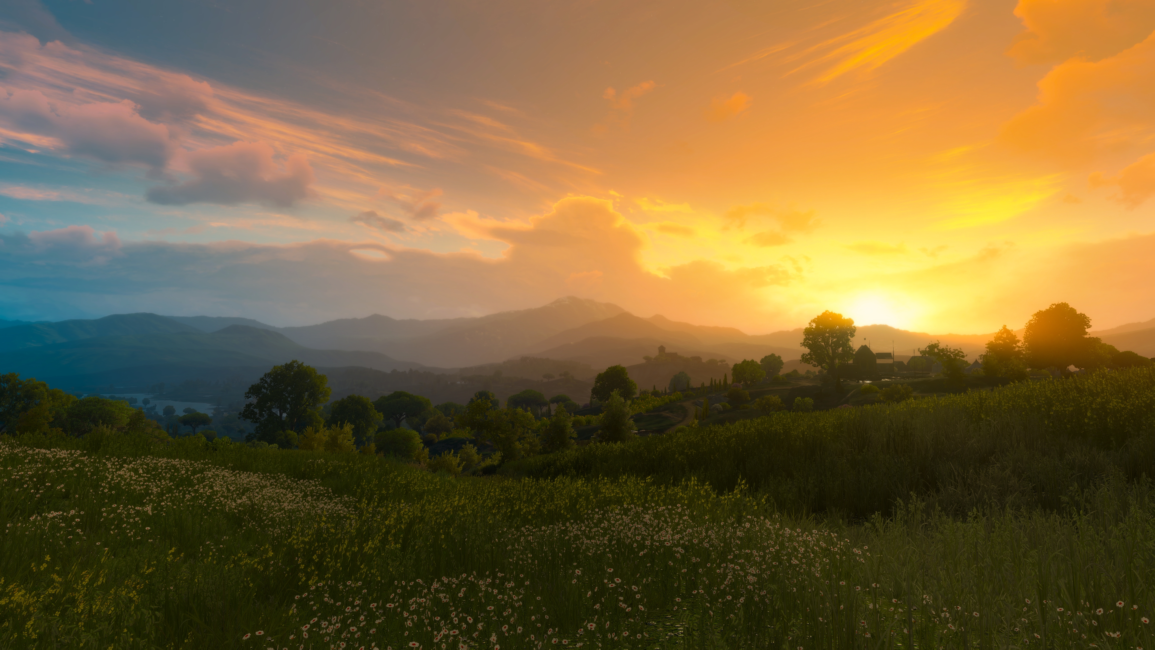 General 3840x2160 The Witcher 3: Wild Hunt PC gaming video games The Witcher 3: Wild Hunt - Blood and Wine sunset landscape field dawn tussent video game art screen shot sunset glow sunlight Sun clouds sky