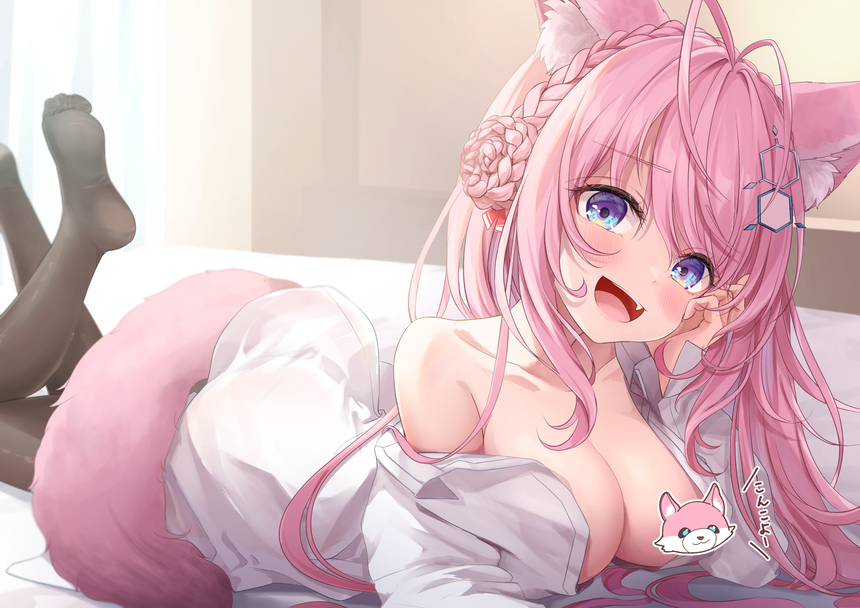 Anime 3000x2121 anime anime girls Hololive Hakui Koyori Virtual Youtuber in bed confidential_y smiling open mouth blushing blue eyes pink hair hair ornament braids feet in the air censored lying down lying on front big boobs looking at viewer fox girl fox ears bed fox tail feet ahoge multi-colored eyes sunlight collarbone open shirt open clothes off shoulder one bare shoulder long hair