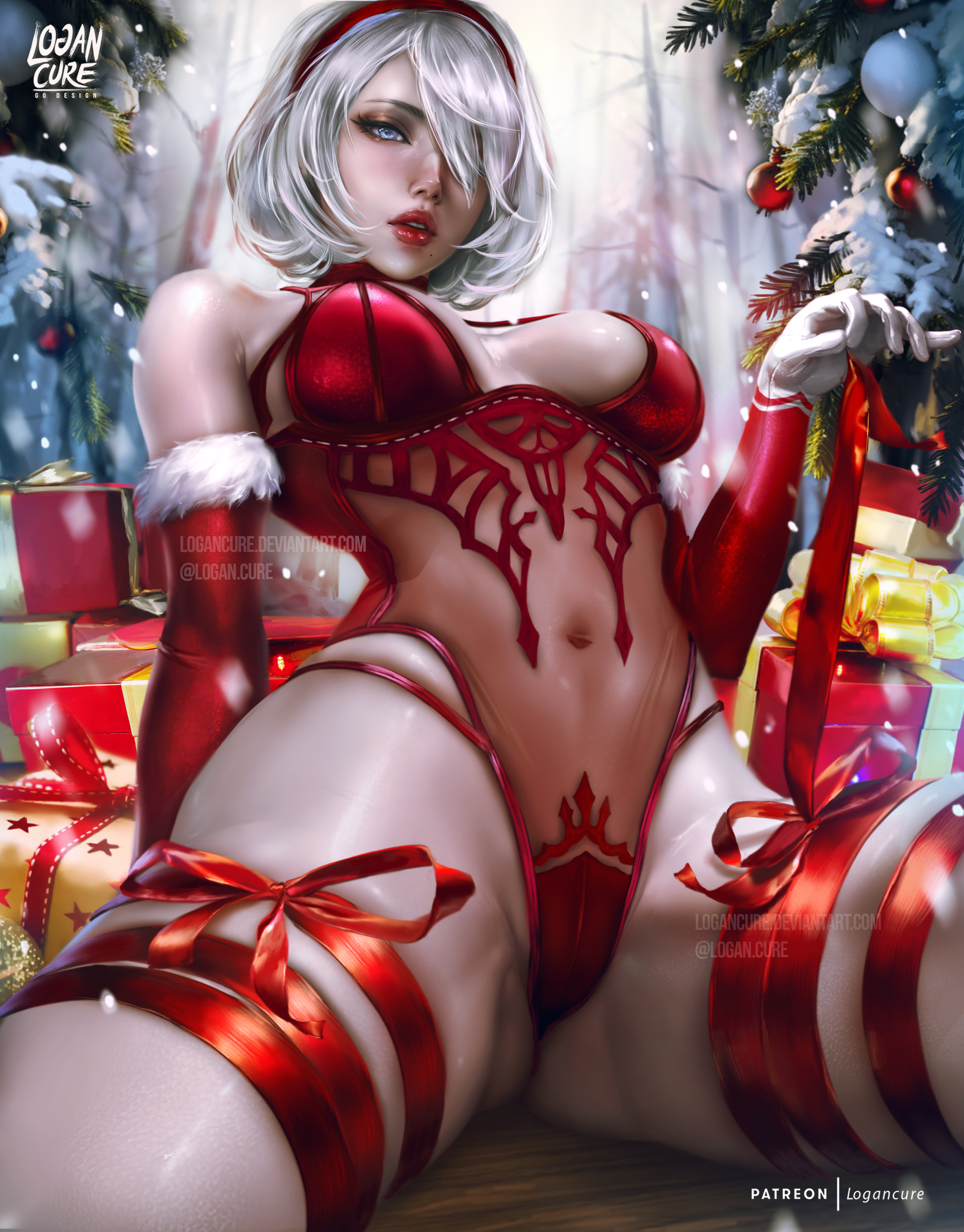 Anime 2908x3716 Nier: Automata Nier Logan Cure elbow gloves portrait display red gloves 2B (Nier: Automata) snow hair over one eye gloves Christmas huge breasts red leotard parted lips Christmas clothes sitting Christmas tree red ribbon white hair depth of field one-piece-lingerie thighs watermarked signature spread legs thick thigh looking at viewer snowing Christmas presents fir-tree video game girls